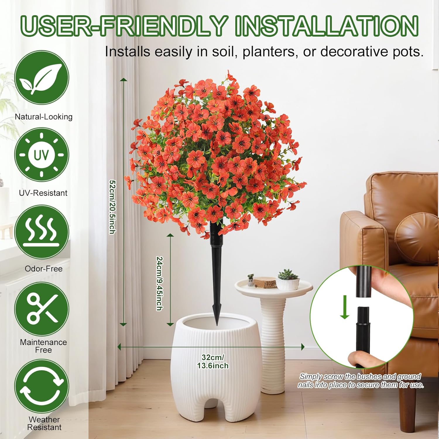 Alupssuc 2Pcs 20" Artificial Topiary Ball Flowers for Outdoors Planters, Spring Decoration with Spike, UV Resistant Faux Summer Plants, Fake Bushes Indoor Decor, Orange for Garden, Porch & Patio