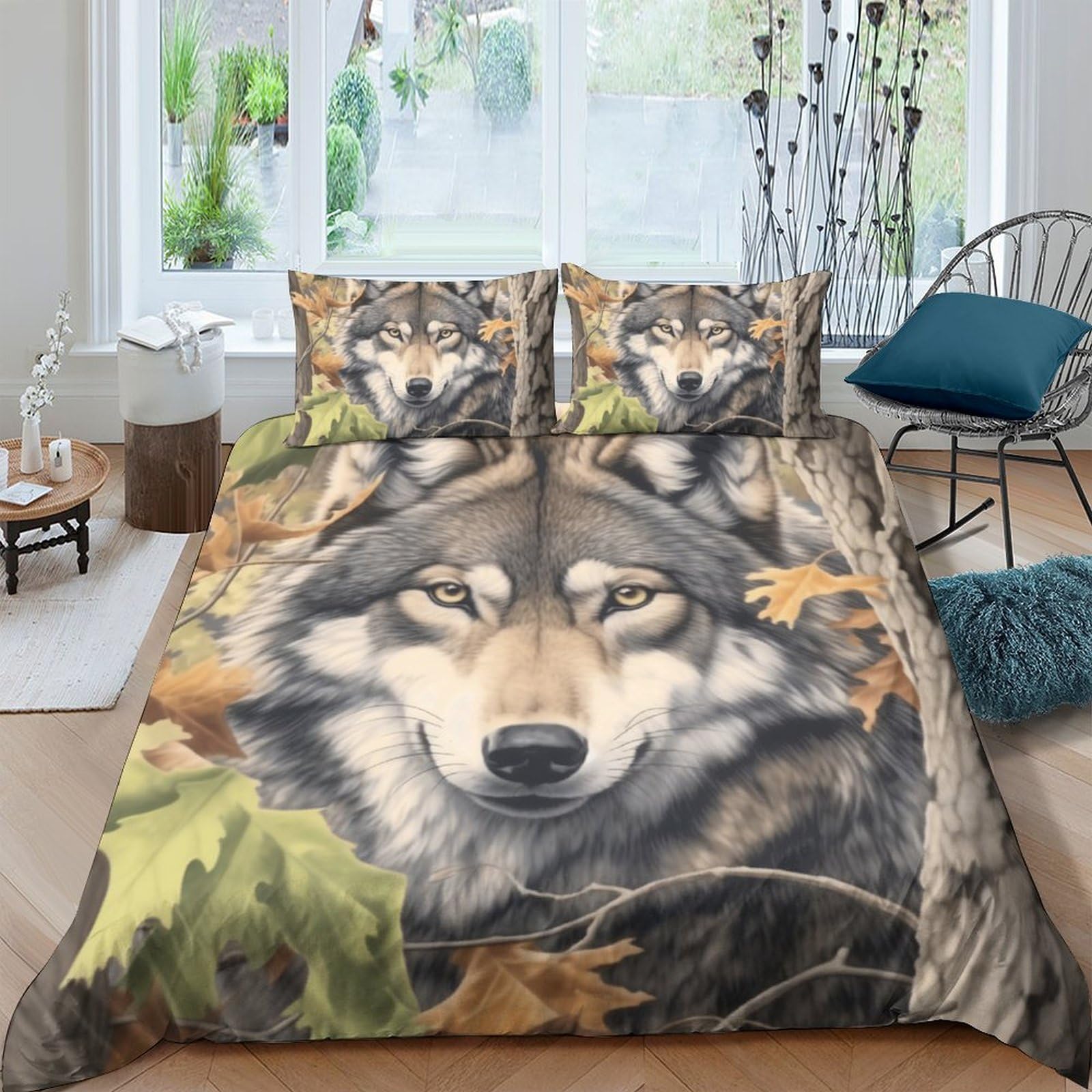 GPLZQXKJNH 3D Printed Wolf Forest Duvet Cover Microfiber Soft Breathable Autumn Leaves Bedding Set with 2 Pillowcases for Bedroom Decor, Single（135x200cm）