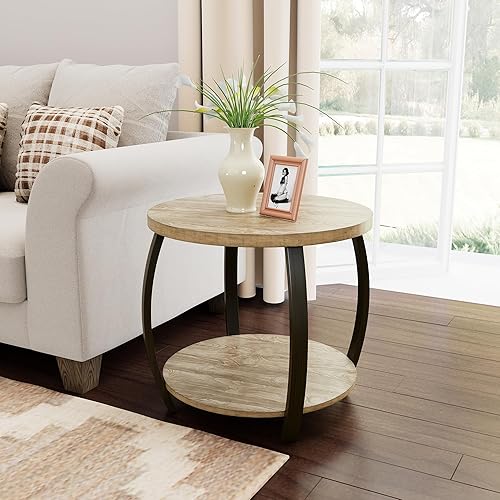 Miniatura 9 de MODERION Mesa auxiliar con estante de almacenamiento, mesa auxiliar de sofá industrial, mesa de teléfono redonda de 2 niveles, 23.6 pulgadas de