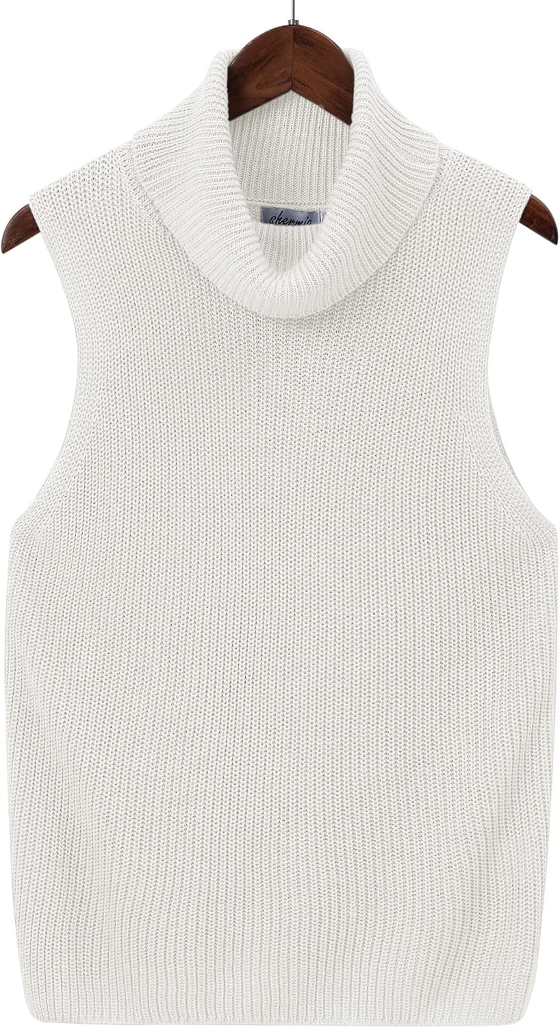 Womens Sleeveless Sweater Vest Turtleneck Ribbed Knit Tank Tops Basic Slim Fit Top White - Image 3