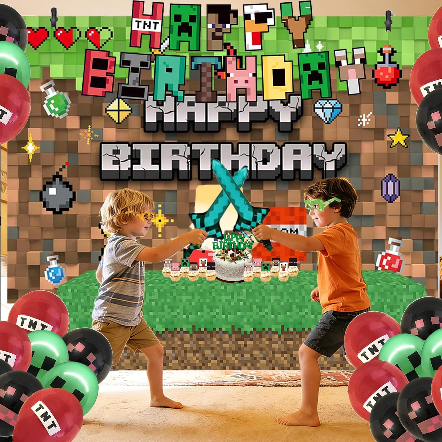 73Pcs Pixel Birthday Party Decorations for Boys, Pixel party supplies Kit, Gaming-Themed Birthday supplies Set including Banner, Tablecloth, Sword Foil Balloons, Cupcake Toppers.