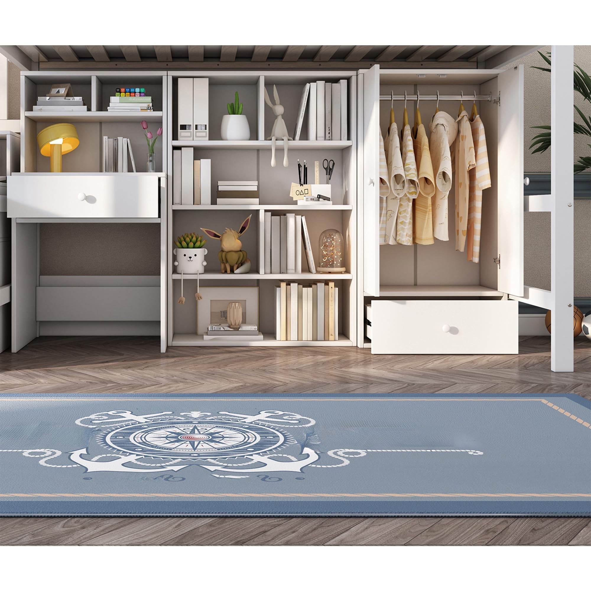 Łóżko piętrowe, pojedyncze łóżko do przechowywania, 90 x 200 cm, białe, lite drewno MDF, z biurkiem, szafa na ubrania, schody, drewniane łóżko do spania do pokoju młodzieżowego (bez materaca)