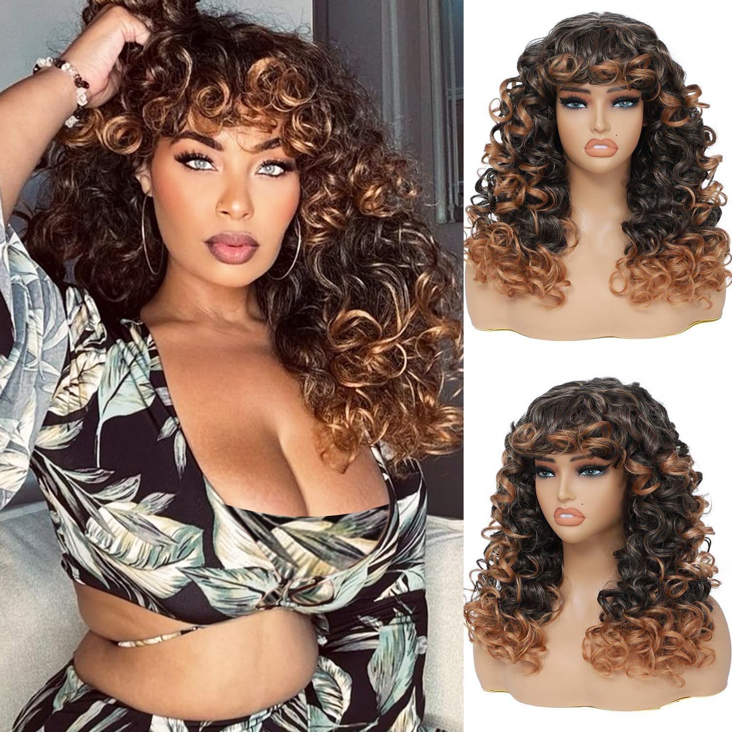 GKtineke-Curly-Wig Big-Curly-Wigs-for-White-Black-Women 20 Inch- Long-Curly-Afro-Wig-with-Bangs Synthetic-Hair-Replacement-Wigs-for- Cosplay and Daily