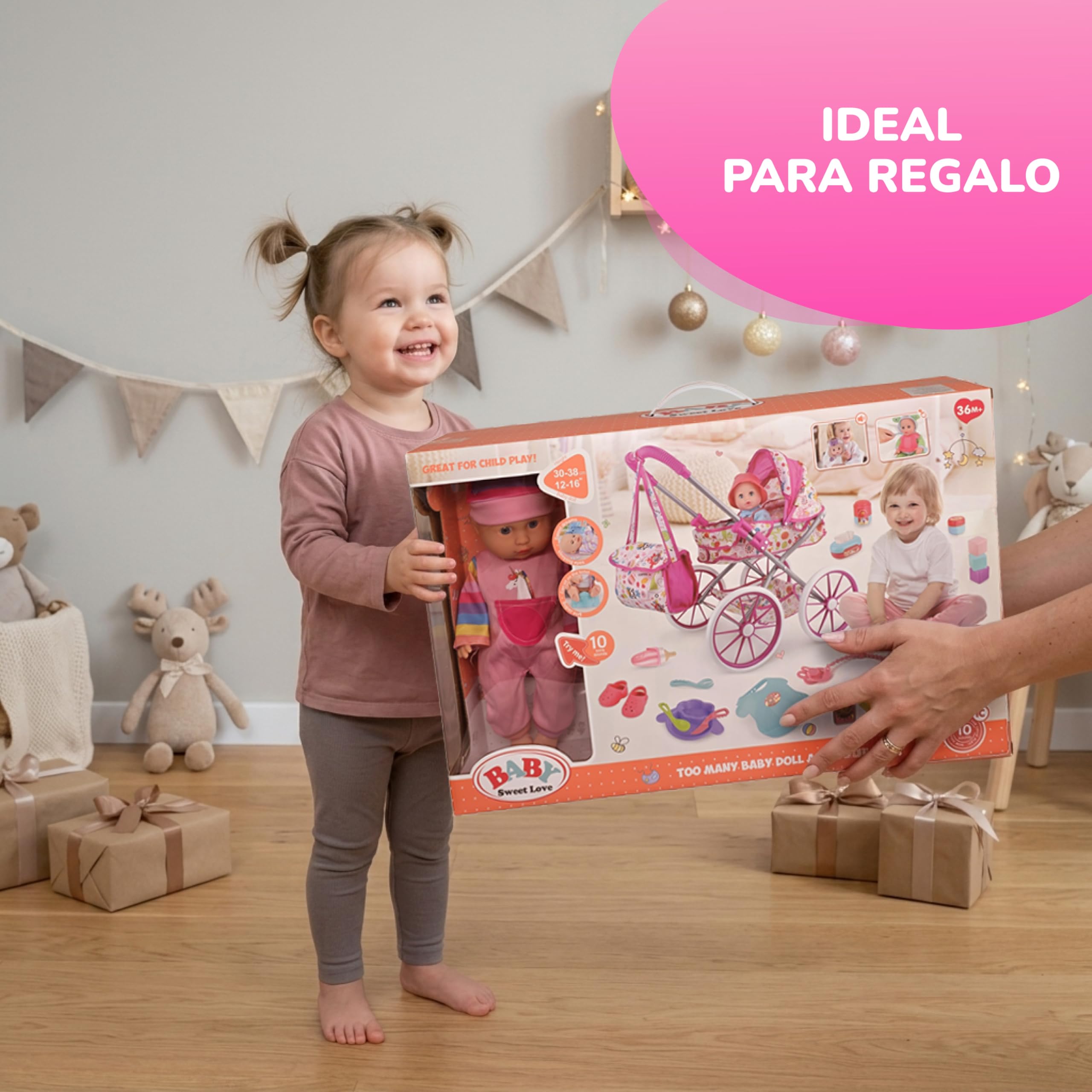 Carrito de Muñecas con Muñeco Bebé y Accesorios 20 Piezas – Cochecito de Juguete Plegable con Capota, Bolsa y Ruedas EVA – Set Completo Muñeca con Orinal, Biberón y Complementos – +3 Años