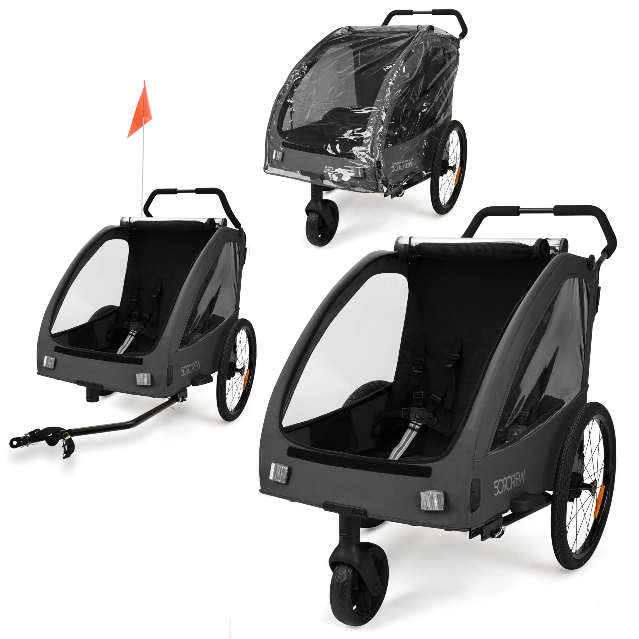 509 Trailer II, Multi Use Bicycle Trailer for Kids from 6m Up, for Pet, for Cargo, Convertible to 3-Wheel Push Wagon, Max Load 50kg, Include Raincover