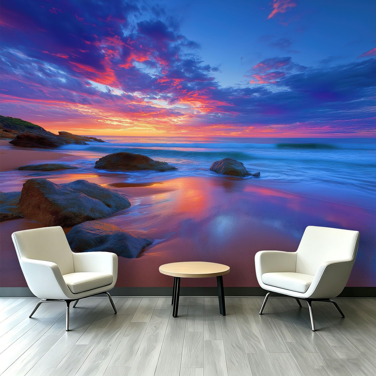 Carta da parati fotografica in seta, motivo alba, rocce e spiaggia, XXL, decorazione da parete per hotel, camera da letto, soggiorno, ingresso, 200 x 140 cm