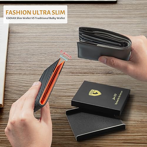 Miniatura 3 de GSOIAX Billeteras para hombre con bloqueo RFID, delgadas y plegables para hombre, minimalista, cuero auténtico, fibra de carbono, clip para dinero