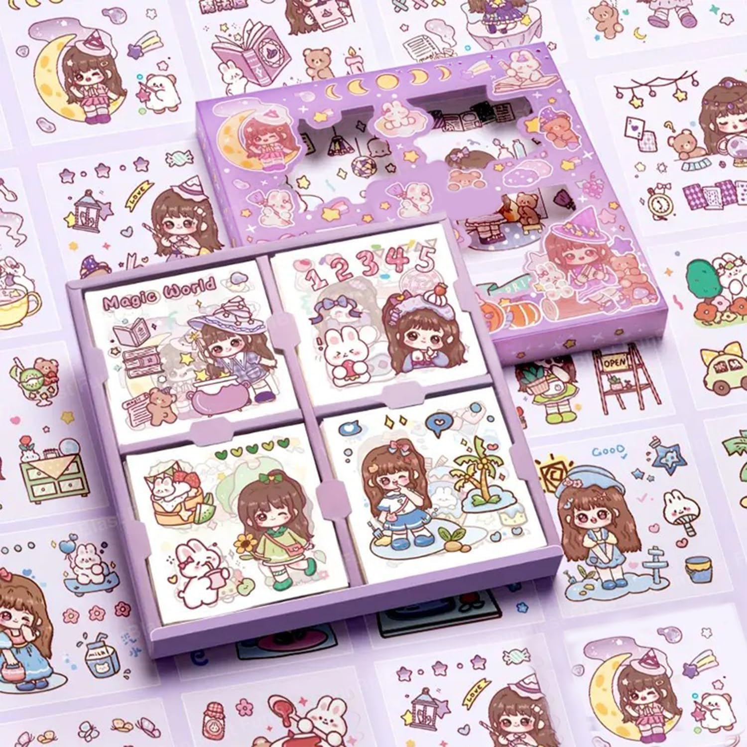 Pluspicks Nini’s Magic World Theme Kawaii Self Adhesive Floor Stickers -100 Sheets PVC Cute Washi Sticker for Project, Japanese Style Girls Sticker Set, Scrapbooking, DIY Arts Crafts - 18 x 18 x 2 CM