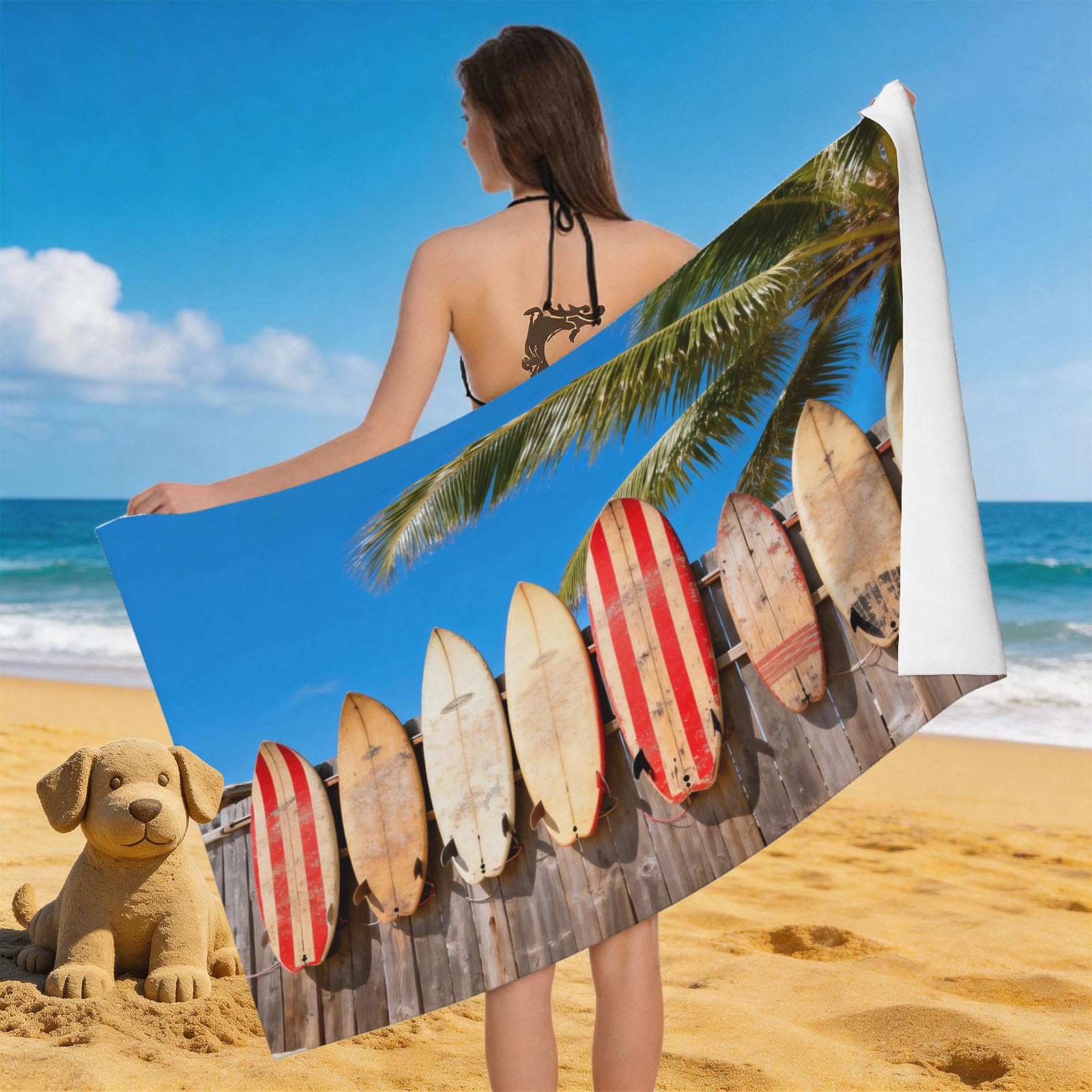 Leichong Men's Blue 3D Surfboard Beach Towel Microfiber Soft Quick Dry For Adults, Tropical Bath Towel Lightweight Soft Absorbent For Travel Swimming Pool Sports, 75 X 150 Cm