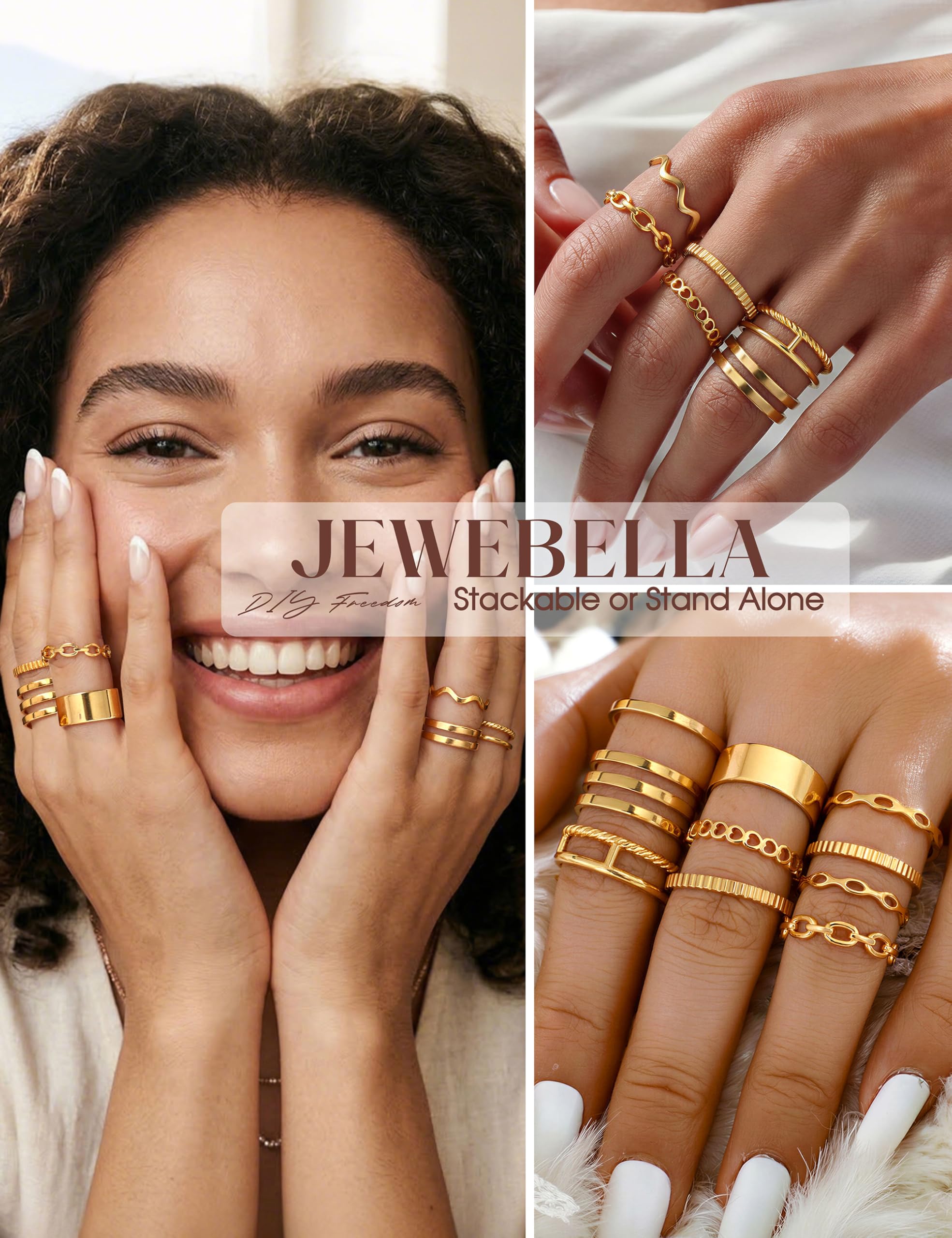 JeweBella 12 Stück Ringe Gold Silber Wasserfest Ring Damen Edelstahl 18K Vergoldete Trendy Stapelbare Offene Ringe Set Frauen Verstellbar Daumenring Fingerring Stapelringe Damen Schmuck