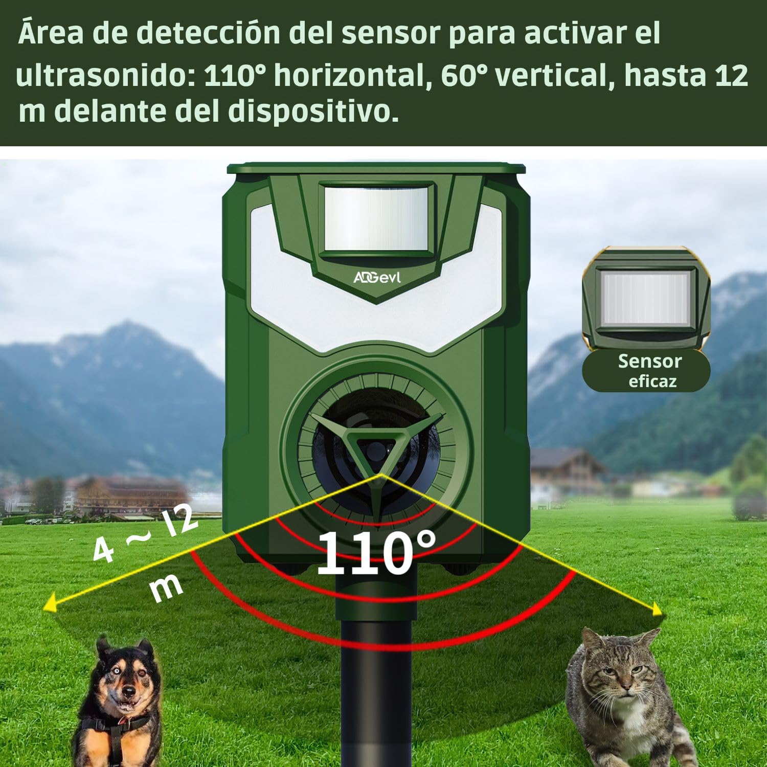 Repelente para Gatos ADGEVL Ultrasonido Exterior Potente e Impermeable con Sensor de Movimiento 12m - Recarga Solar/USB - También para Perros y Animales (Zorro, Conejo) - Modelo 2024 - Garantía 1 Año