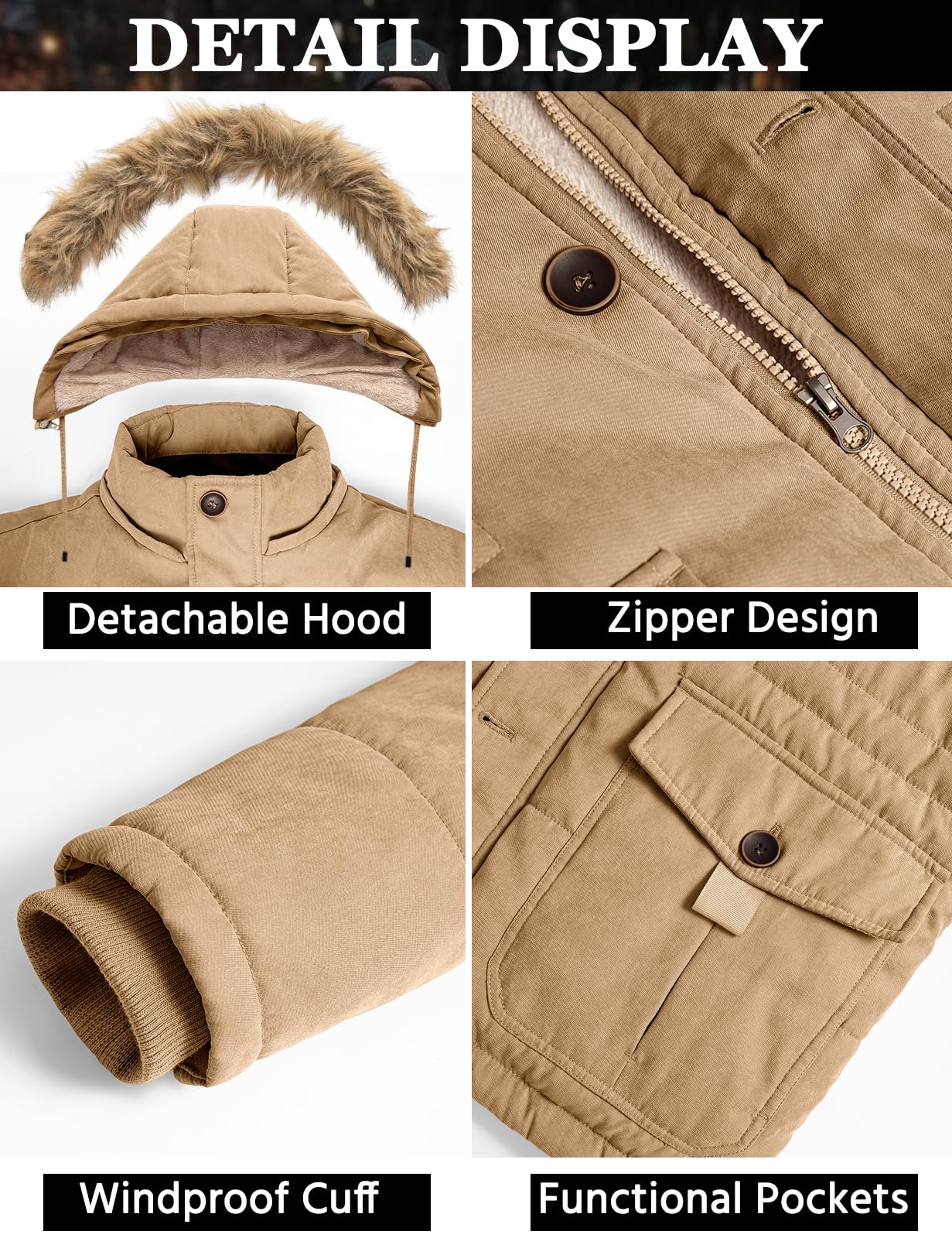 Nadeer Manteau Homme Hiver Polaire Chaud Veste Parka Coupe-Vent de Mode Décontractée Manteau à Capuche Manches Longues Blouson Zippé Outercoat avec Poches