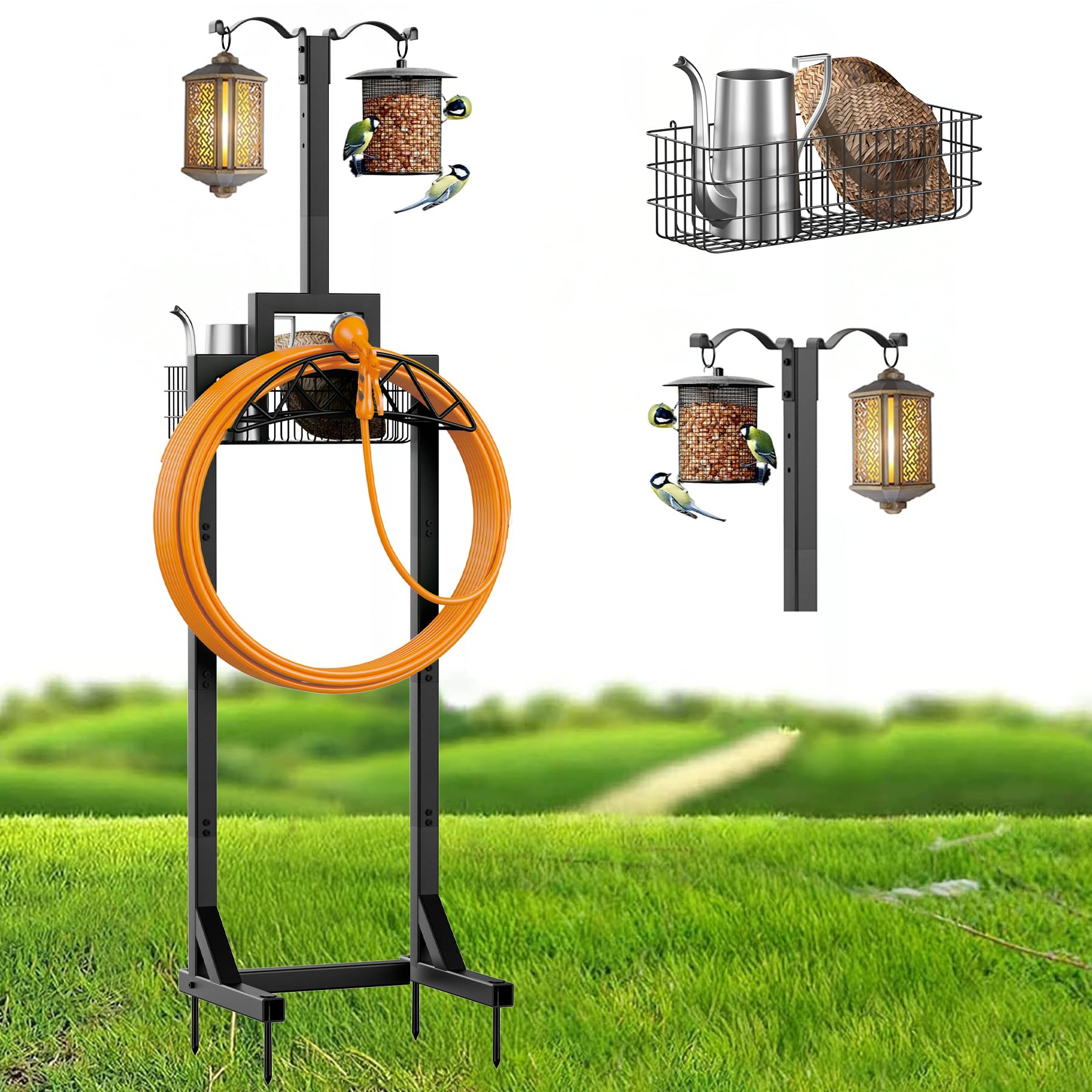 Garden Hose Holder, Water Hose Holders for Outside with Storage Basket & 2 Shepherds Hooks, Detachable Garden Hose Holder Freestanding, Heavy Duty Hose Holder Supports 150ft Hoses