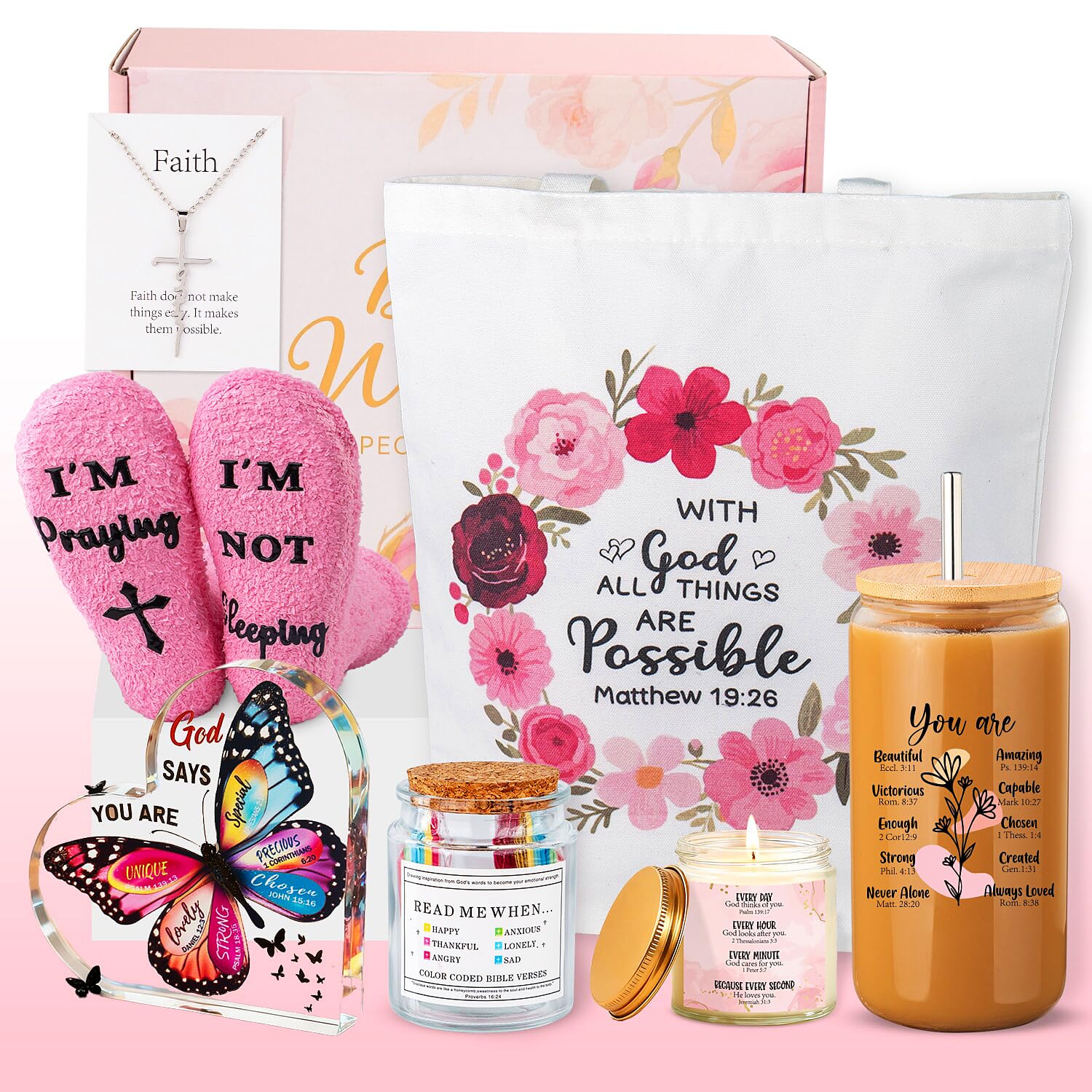 Christian Gifts For Women, Religious Gifts, Christian Mothers Day Gifts For Women Faith, Birthday & Inspirational Spiritual Gifts For Mom, Bestie, Bff, Sister With Tote Bag, Glass Cup, Bible Jar
