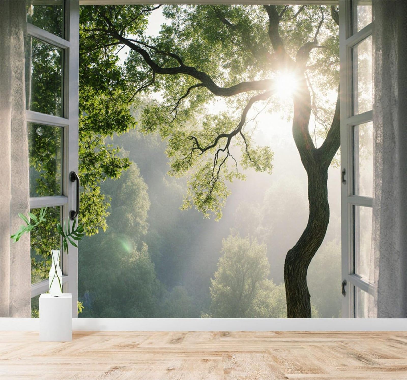 XLMING Window Sunlight Fresh Air Forest Green Trees 3D Wallpaper Silky Texture Home Study Office Grey Dining Room Sofa Bedroom Living Room TV Backdrop-250cm×170cm