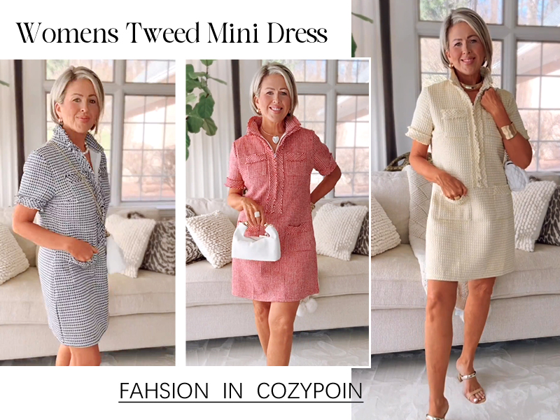 COZYPOIN Womens Tweed Mini Dress Elegant Front Half Zipper