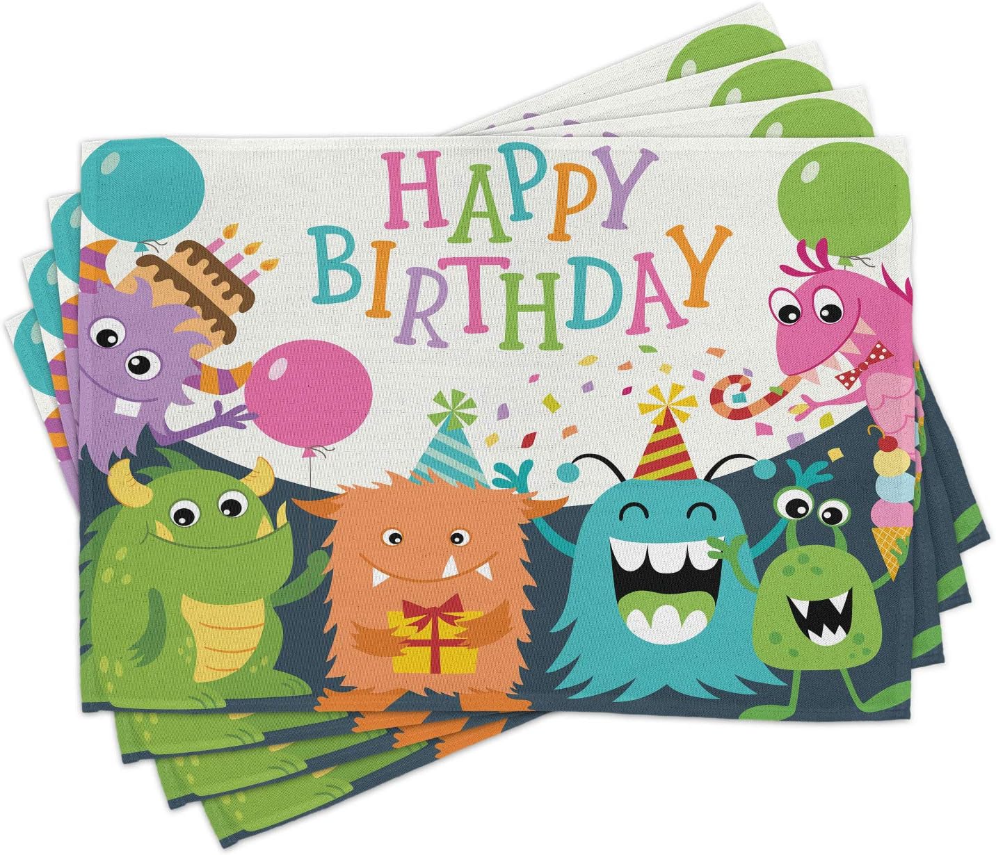 Ambesonne Birthday Party Place Mats Set of 4, Little Monsters The Celebration Cones Rain and Balloons Image, Washable Fabric Placemats for Dining Table, Standard Size, Sage Green