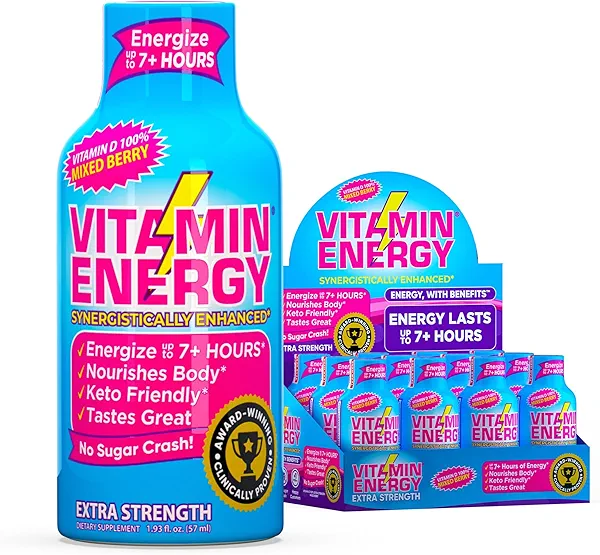 Vitamin Energy Vitamin D Extra Strength Energy Shot Mixed Berry 12 Pack, 260mg Natural Caffeine, B-Complex, Vitamin D, Wellness Support, Keto, Zero Sugar, Gluten-Free Vegan Kosher, 1.93 fl oz