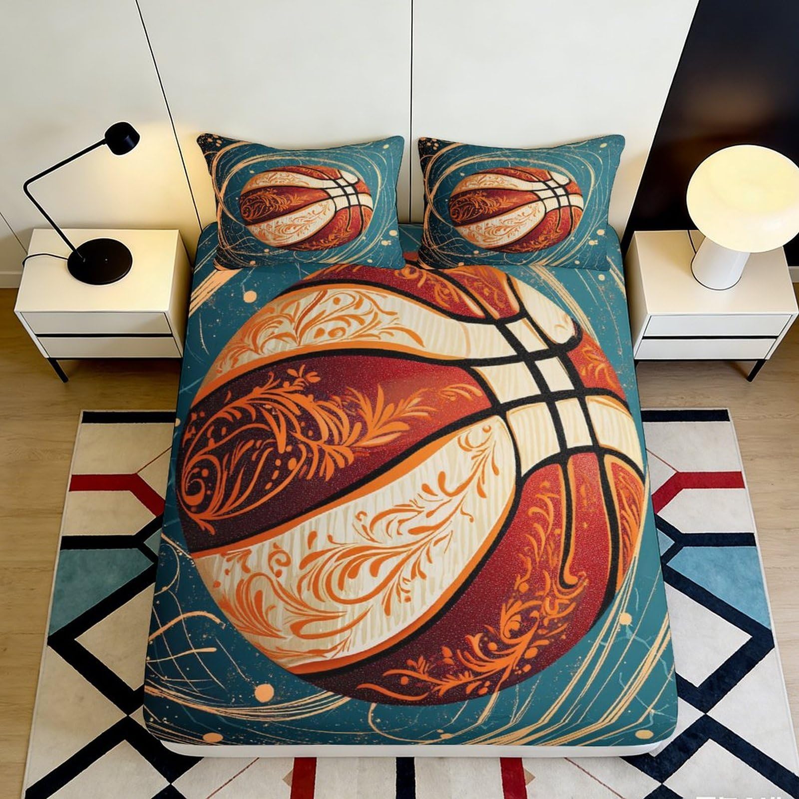 3D Printed Basketball Fitted Sheet Microfiber Deep Pocket Non-Slip Bedding Basketball Mattress Fitted Cover Elastic Hem Washable for Adult Teen Bedroom 160x200x25cm