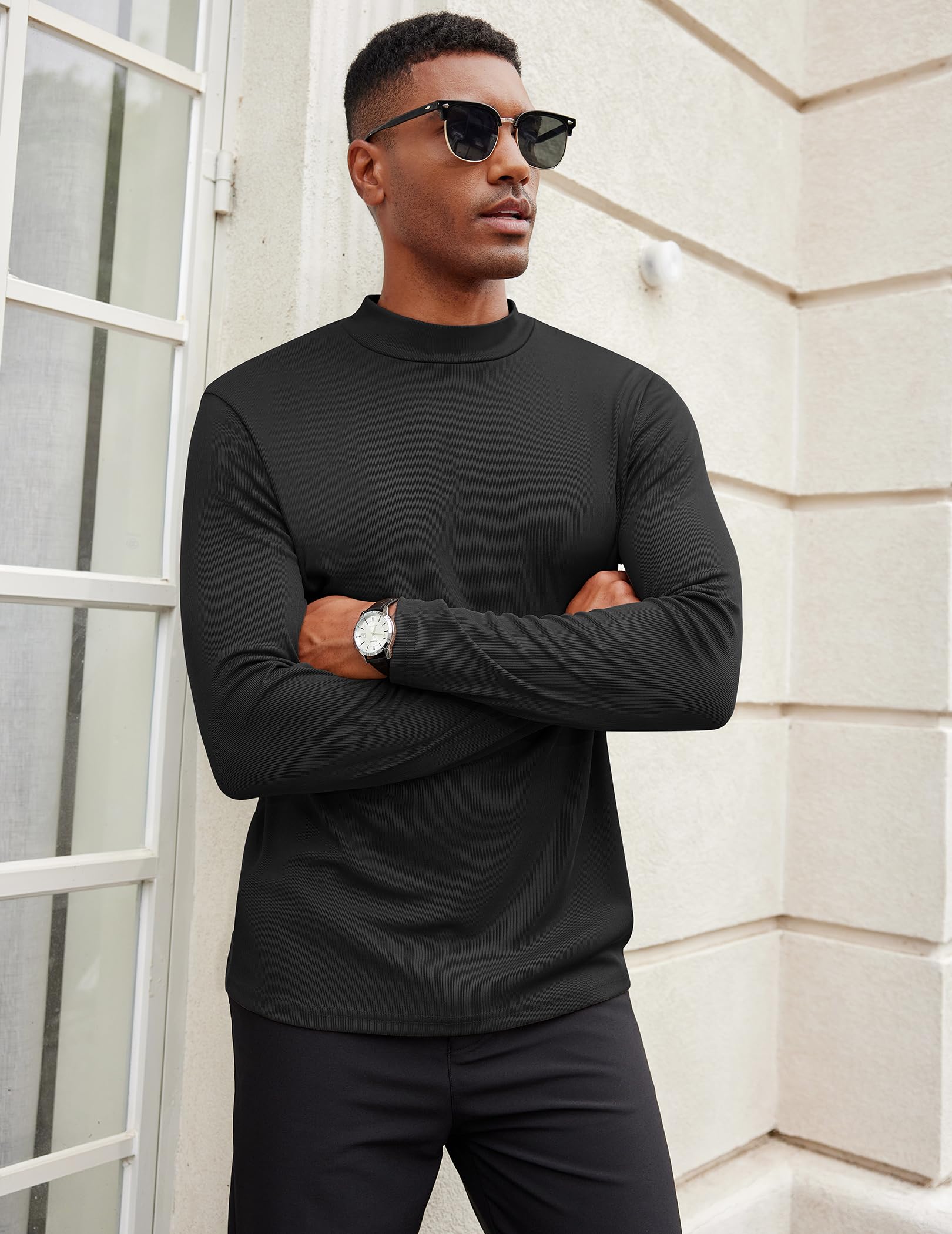 COOFANDY Camicia da uomo a collo alto a maniche lunghe slim fit basic t-shirt leggera a costine maglione pullover
