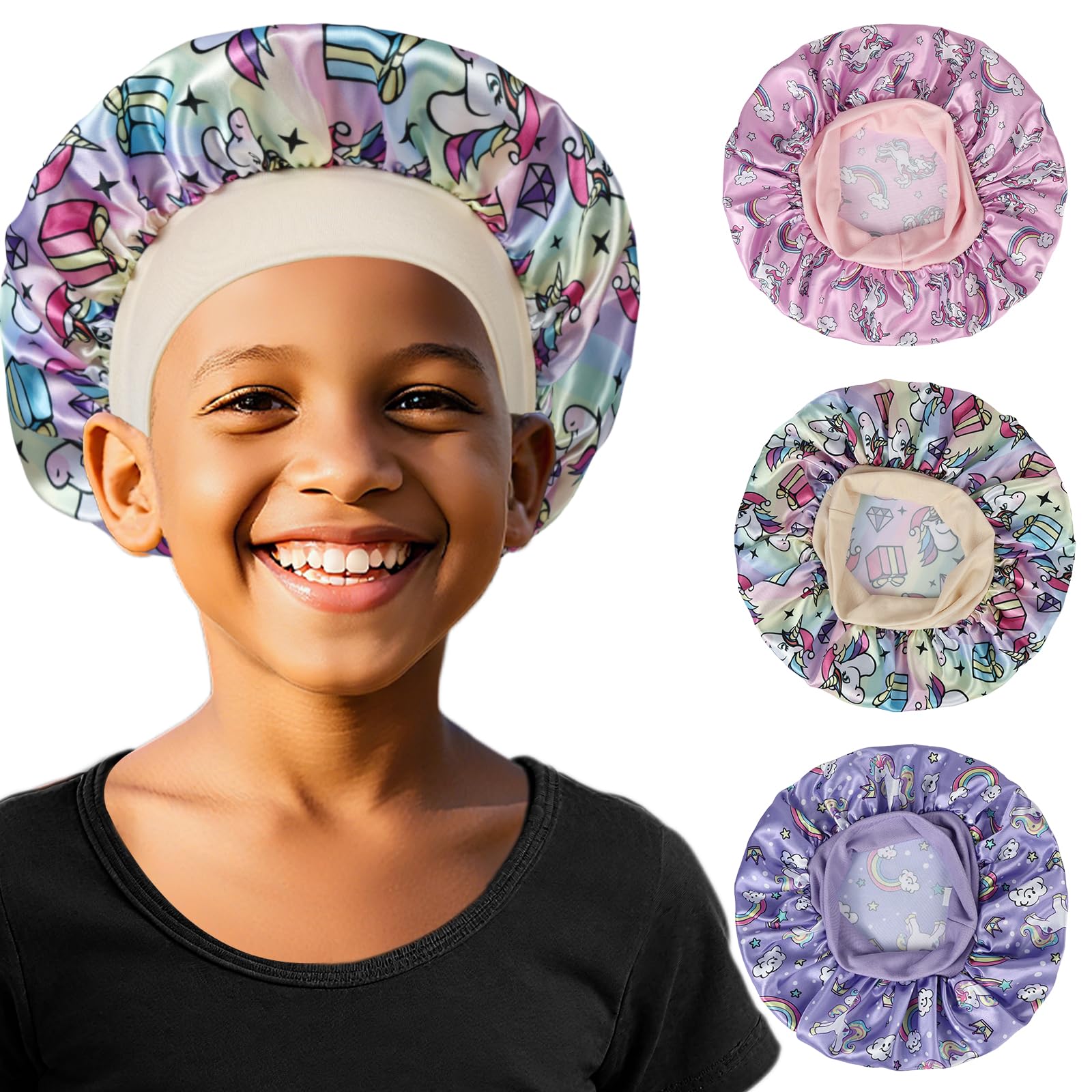 AOOWU Sleep Cap, Silk Hair Night Hat for Children Elastic Wide Band for Sleeping Adjustable Satin Hair Cap