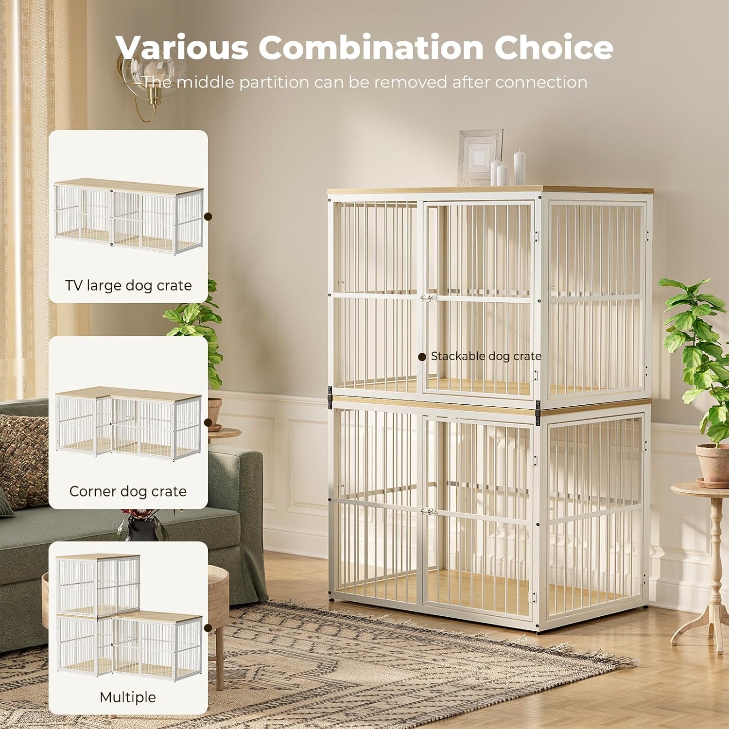 Lyromix 86.62'' Dog Crate Furniture Large Breed TV Stand with Double Rooms for 2 Large Medium Dogs, Wooden Indoor Kennel Crate Cage End Table with Removable Divider, Can Use Separately, Natural Beech