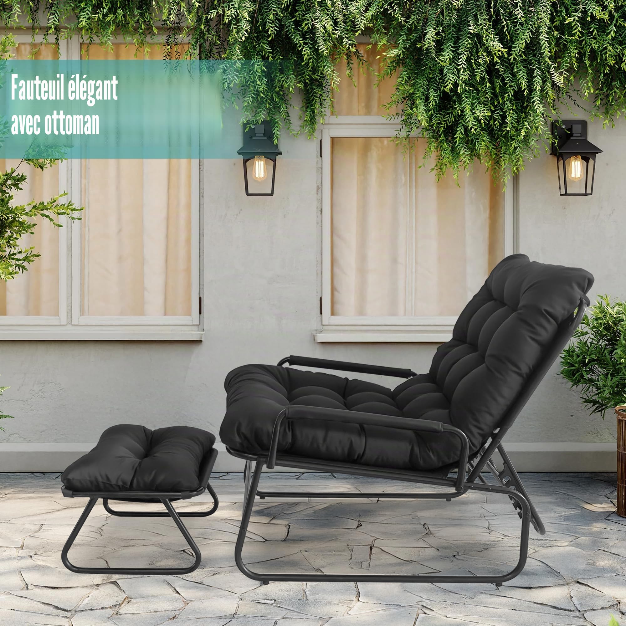 Chaise Longue Inclinable avec Repose-Pieds, Chaise Relax de Jardin, Fonction D'inclinaison à 4 Positions, Coussin Amovible avec Repose, Chaise Longue Détente pour Jardin, Terrasse (Noir)