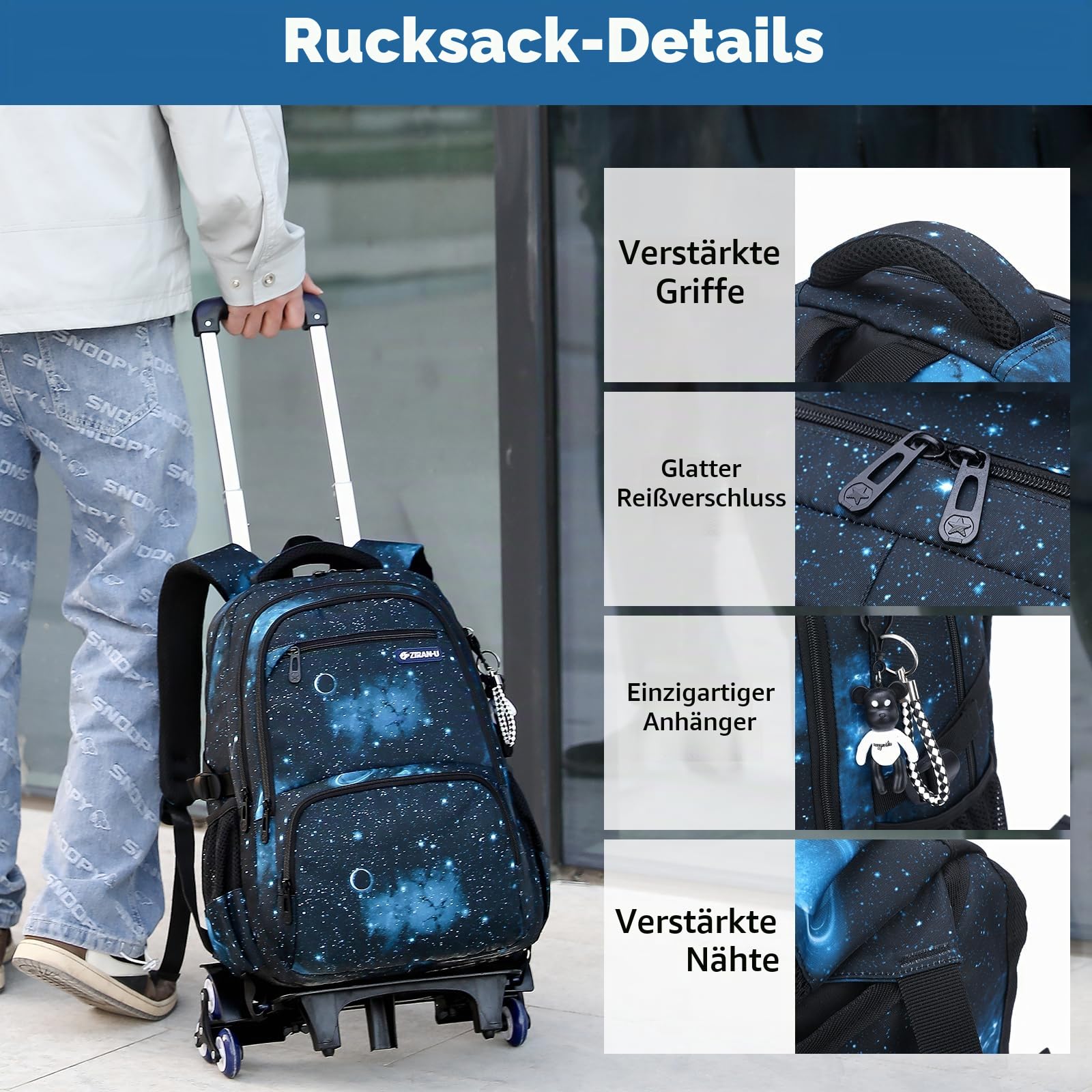 Amythe Schulrucksack Trolley für Jungen Teenager Rucksack mit Rollen 3-teilig mit Lunchtasche Federmäppchen, Wasserdichter Lässige Daypack 30L, Große Schultasche für Schule & Reisen, Blau | Schultasche mit Rollen mit Lunchtasche Federmäppchen, Wasserdicht