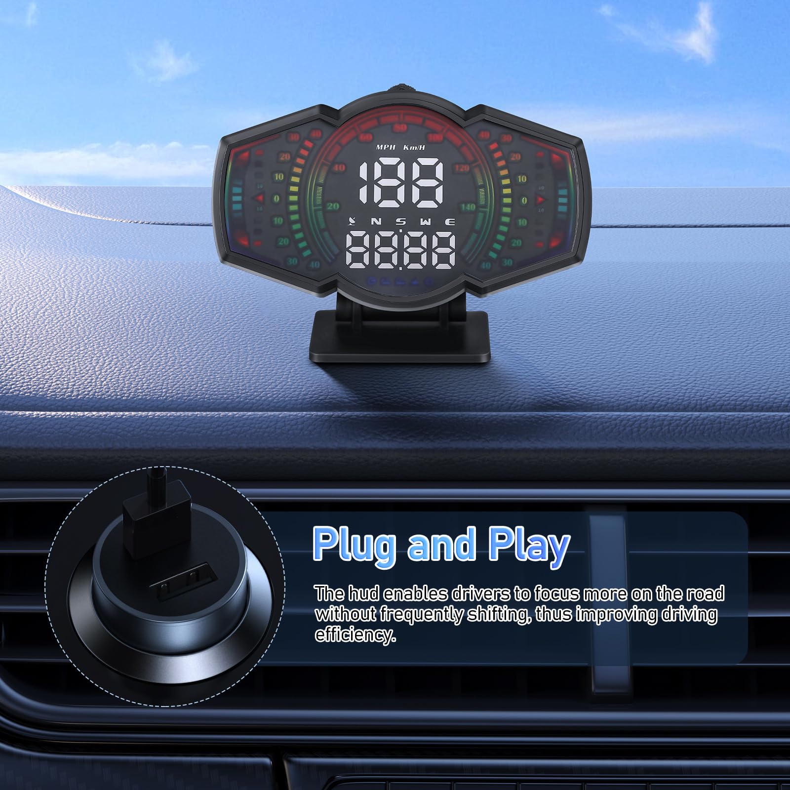 Mikinona Velocímetro de Coche con Gps Hud G18, Medidor de Velocidad Digital, Inclinómetro y Odómetro, Abs y Pc, para Conducción Urbana y Nocturna, 1