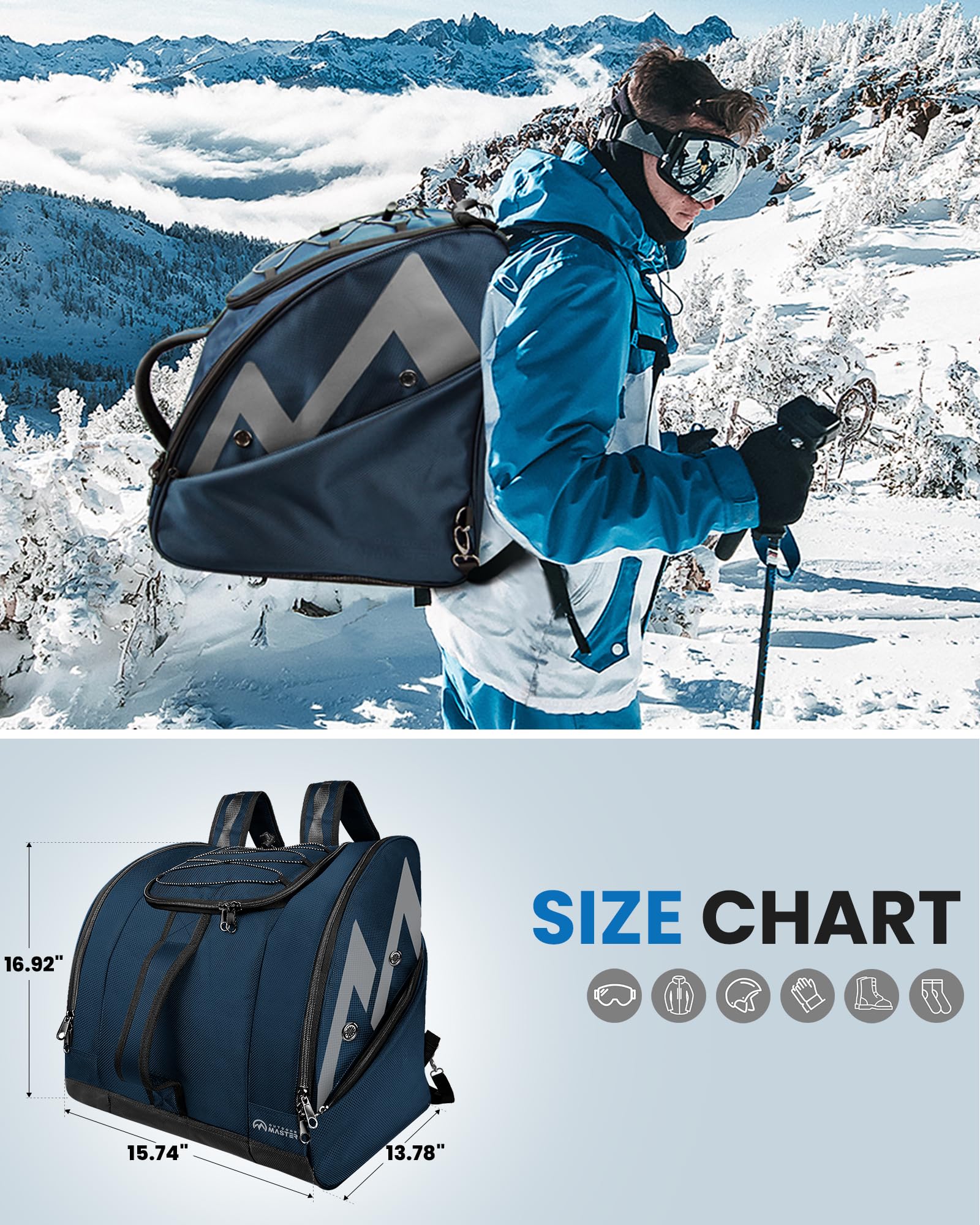 OutdoorMaster Torba na buty - 50 l torba na buty narciarskie i buty snowboardowe, doskonała do podróży, z wodoodporną powierzchnią zewnętrzną i dolną, dla mężczyzn, kobiet i młodzieży