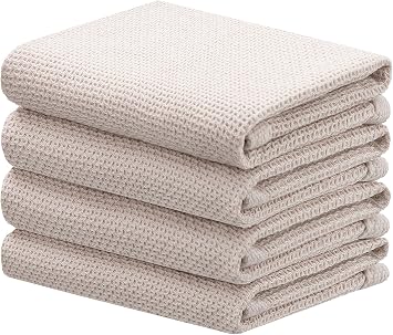 joybest Cotton Kitchen Towels, 4-Pack Waffle Weave Ultra Soft Absorbent Dish Towels Quick Drying Dish Cloths, 18 in x 28 in, Beige
