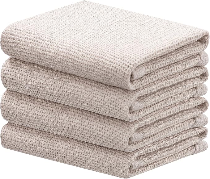 joybest Cotton Kitchen Towels, 4-Pack Waffle Weave Ultra Soft Absorbent Dish Towels Quick Drying Dish Cloths, 18 in x 28 in, Beige