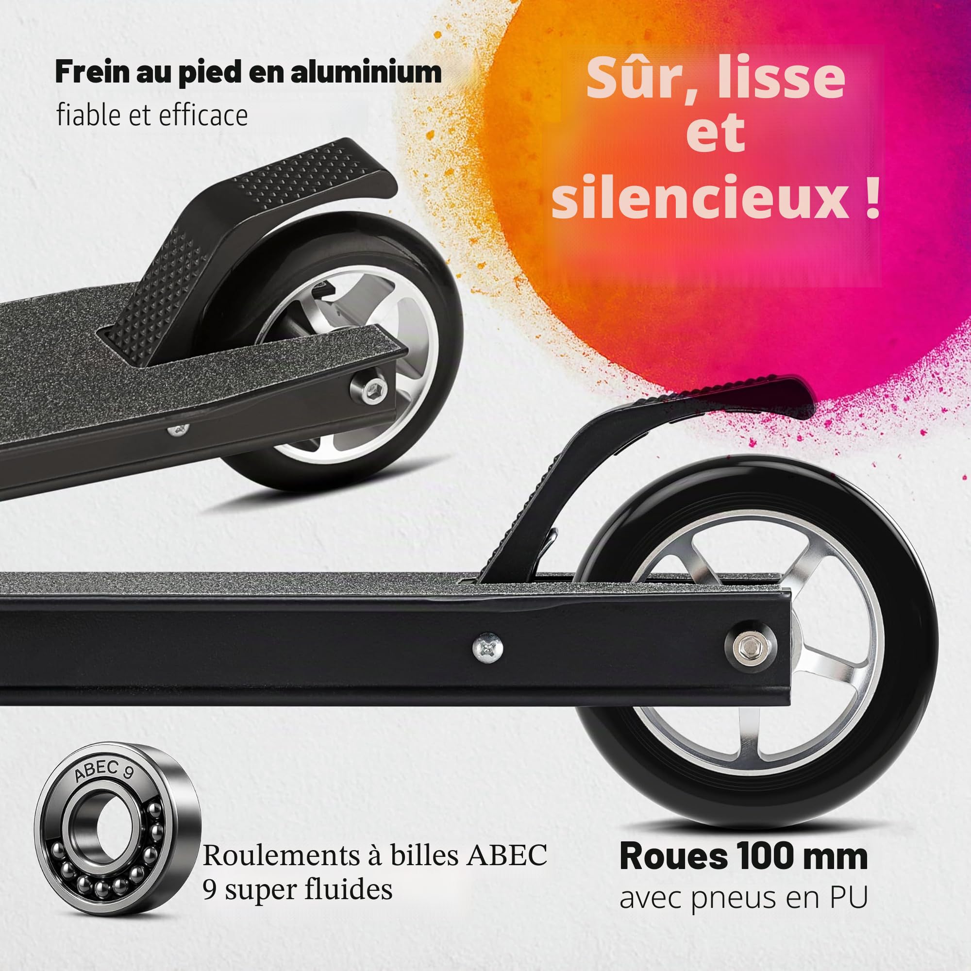 Trottinette 100mm Roues PU Guidon 360° ABEC 7 Trottinette StuntTrottinette Kickscooter Bande adhésive Enfants Adultes Châssis en Aluminium