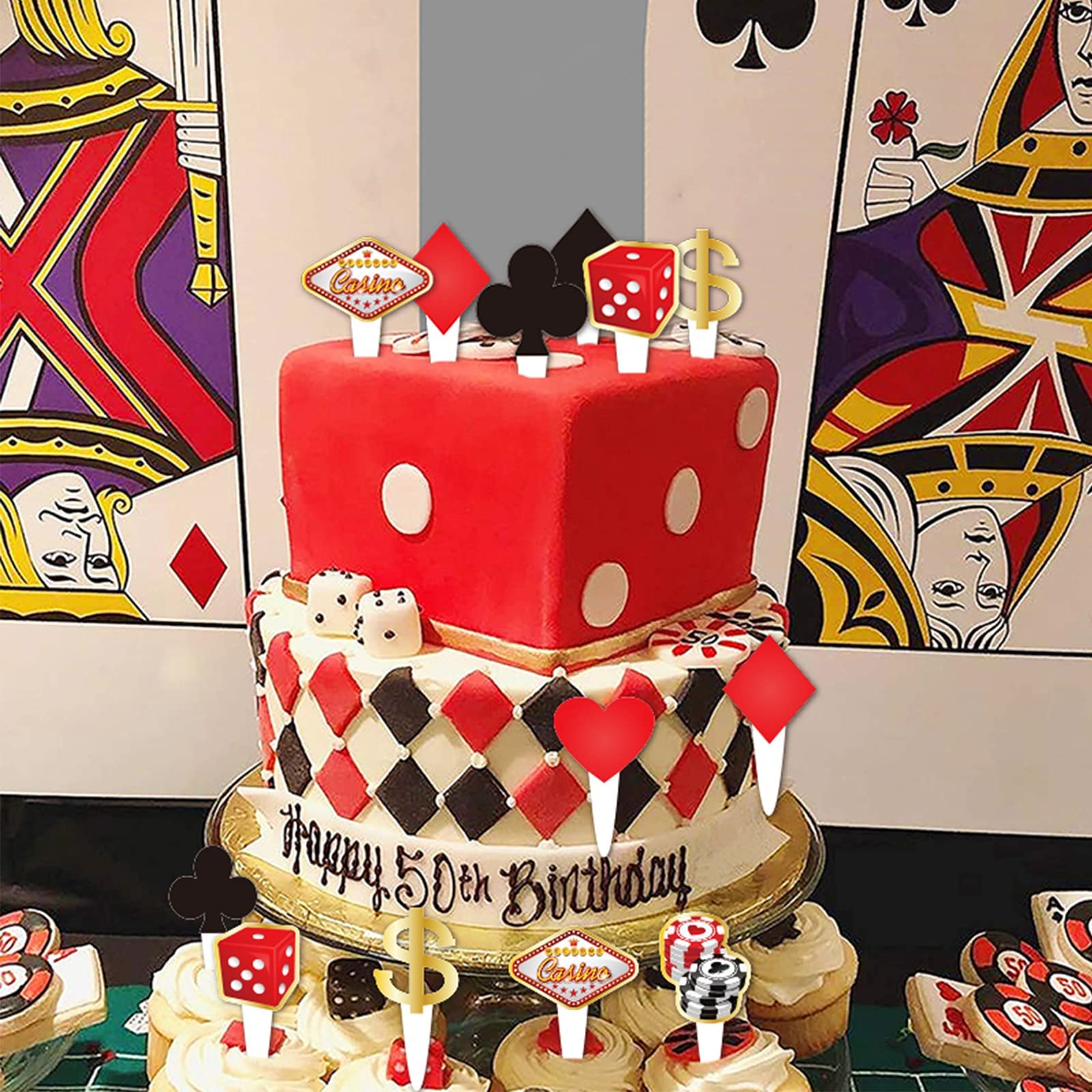 24 Pcs Casino Cupcake Toppers – Las Vegas Party Decor, Poker Heart Designs For Birthday & Theme Nights