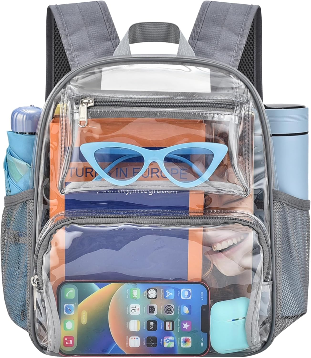 Clear Bag for Stadium Events, 12x6x12 Clear Backpack with Reinforced Strap, Stadium bag for Sports Concerts Work Travel, Grey