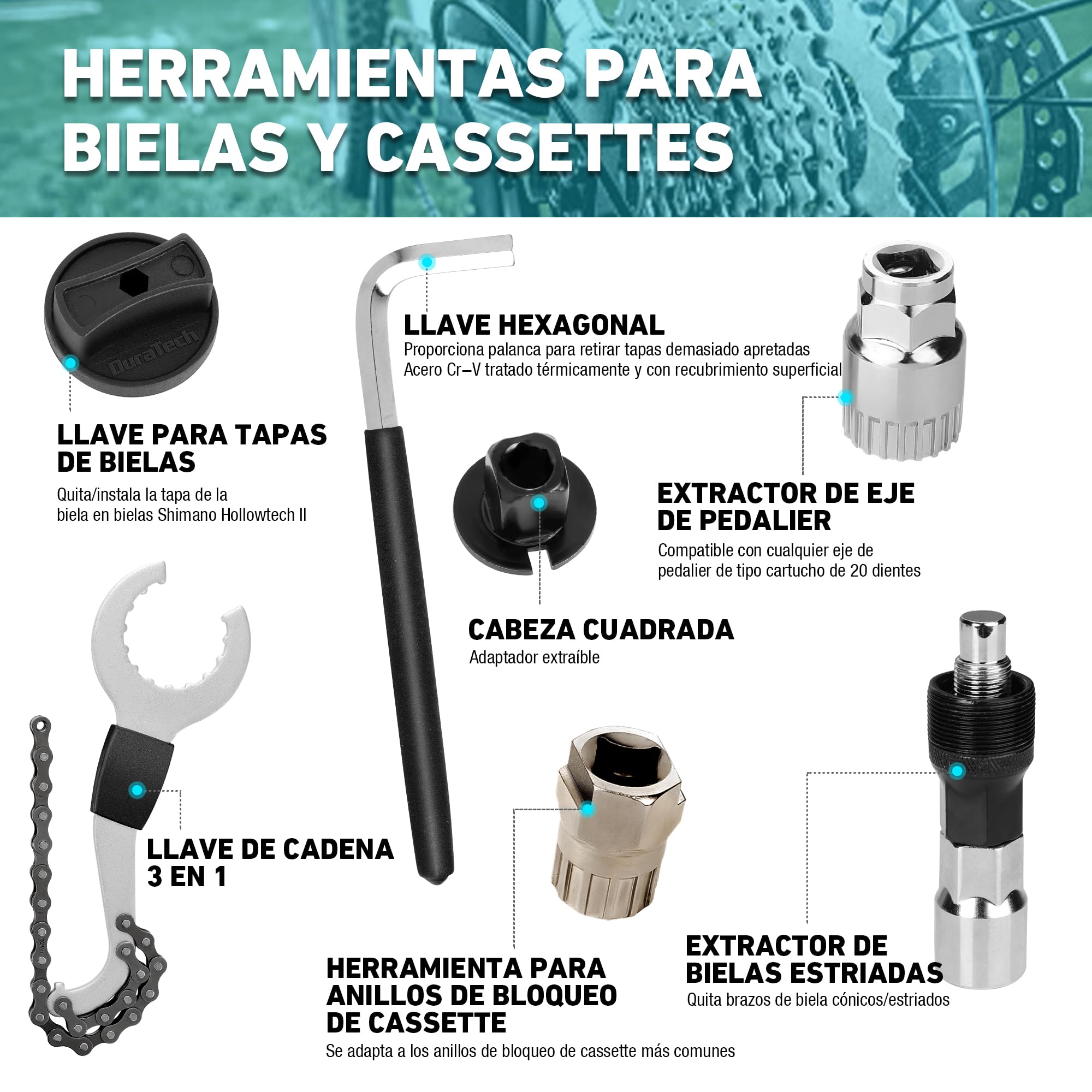 DURATECH 31 Piezas Juego de Reparación de Bicicleta, Maletín de Herramientas para Bicicleta, Herramientas de Neumáticos y Cadenas, Extracción de Pedales del Eje Central, para Reparar Bicicleta