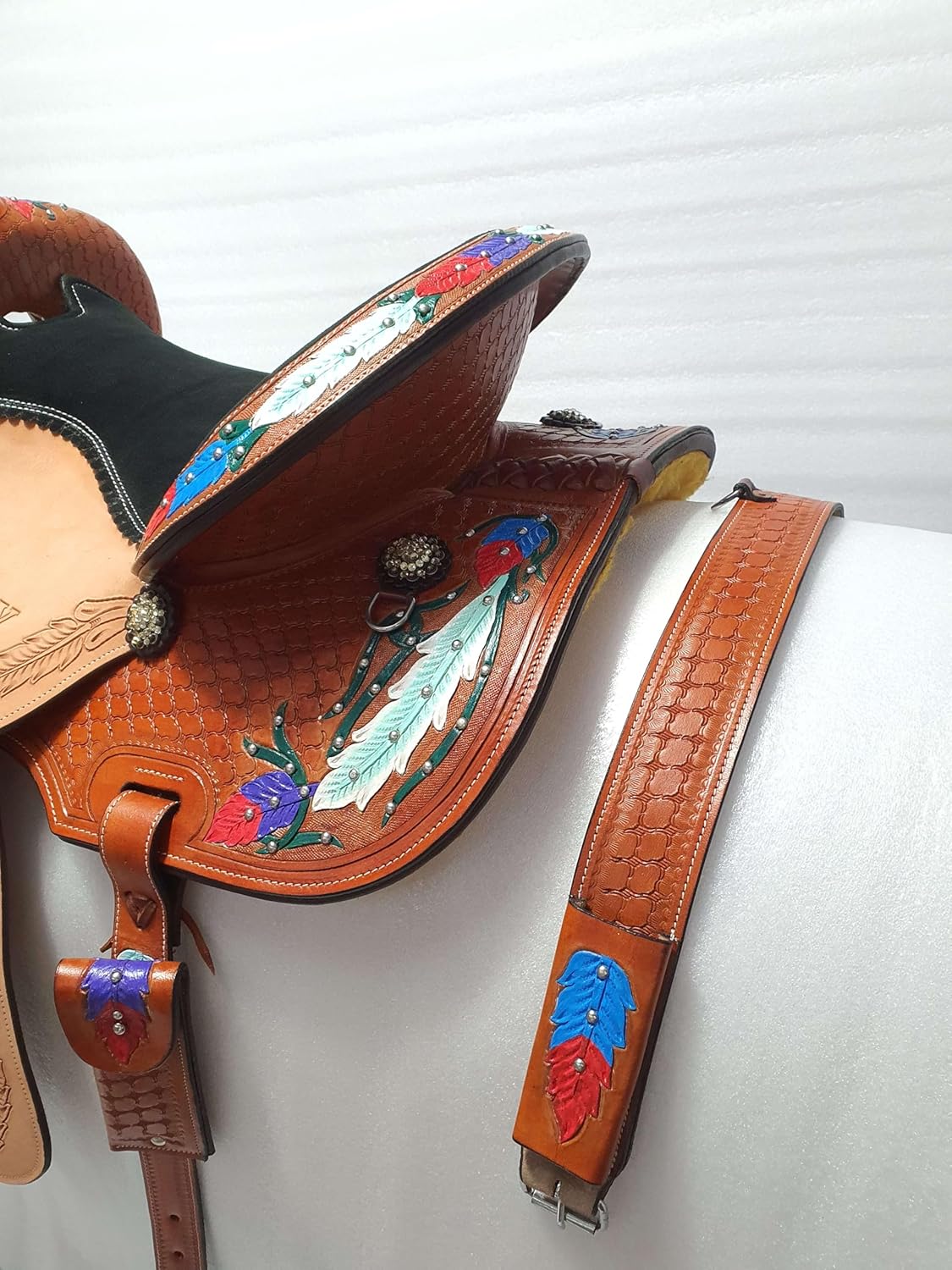Western Leather Barrel Saddle Available from 10" to 18" with Combo Matching Headstall, Breast Collar, Front and Back Cinches Copper Rivets & Conchos (10 to 18 inches)
