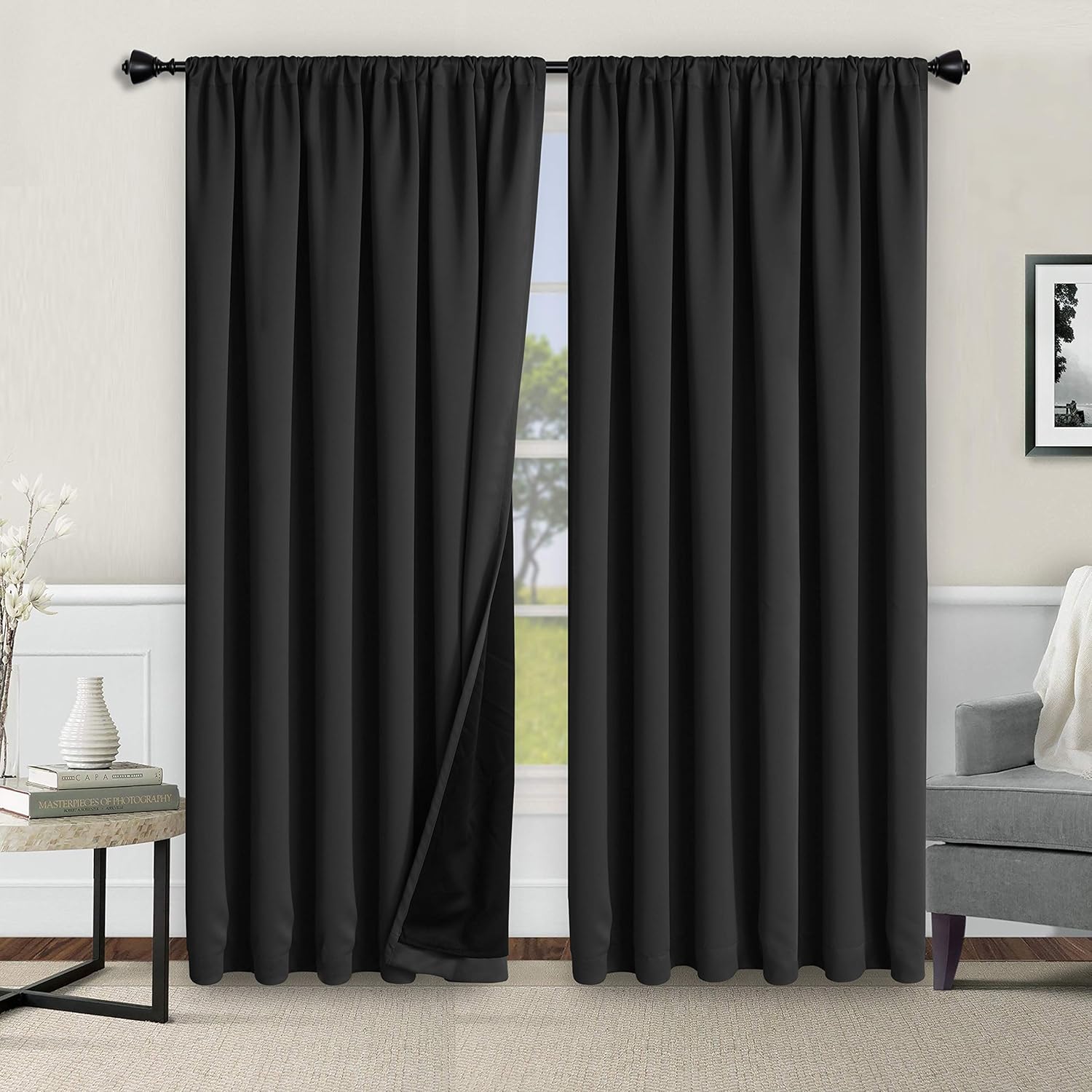black curtains lined