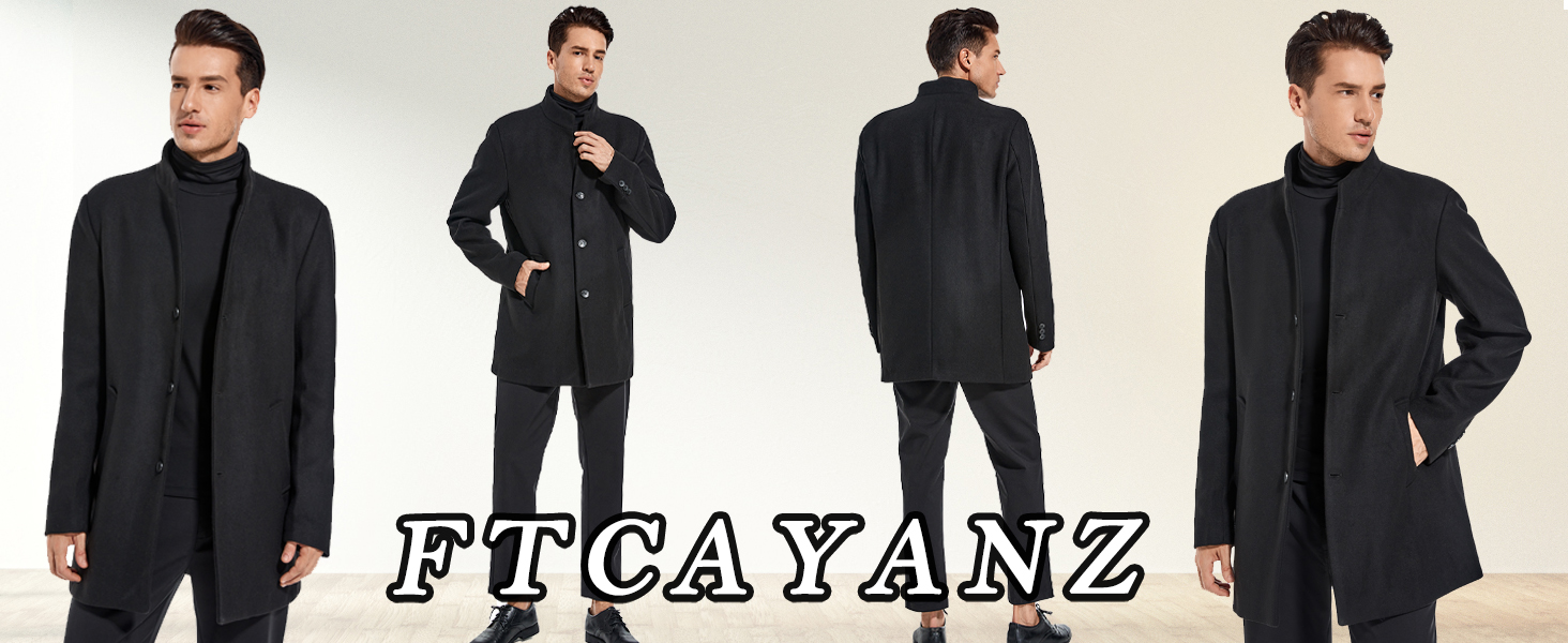 FTCayanz Men's Trench Coat Wool Blend Slim Fit Top Coat Single