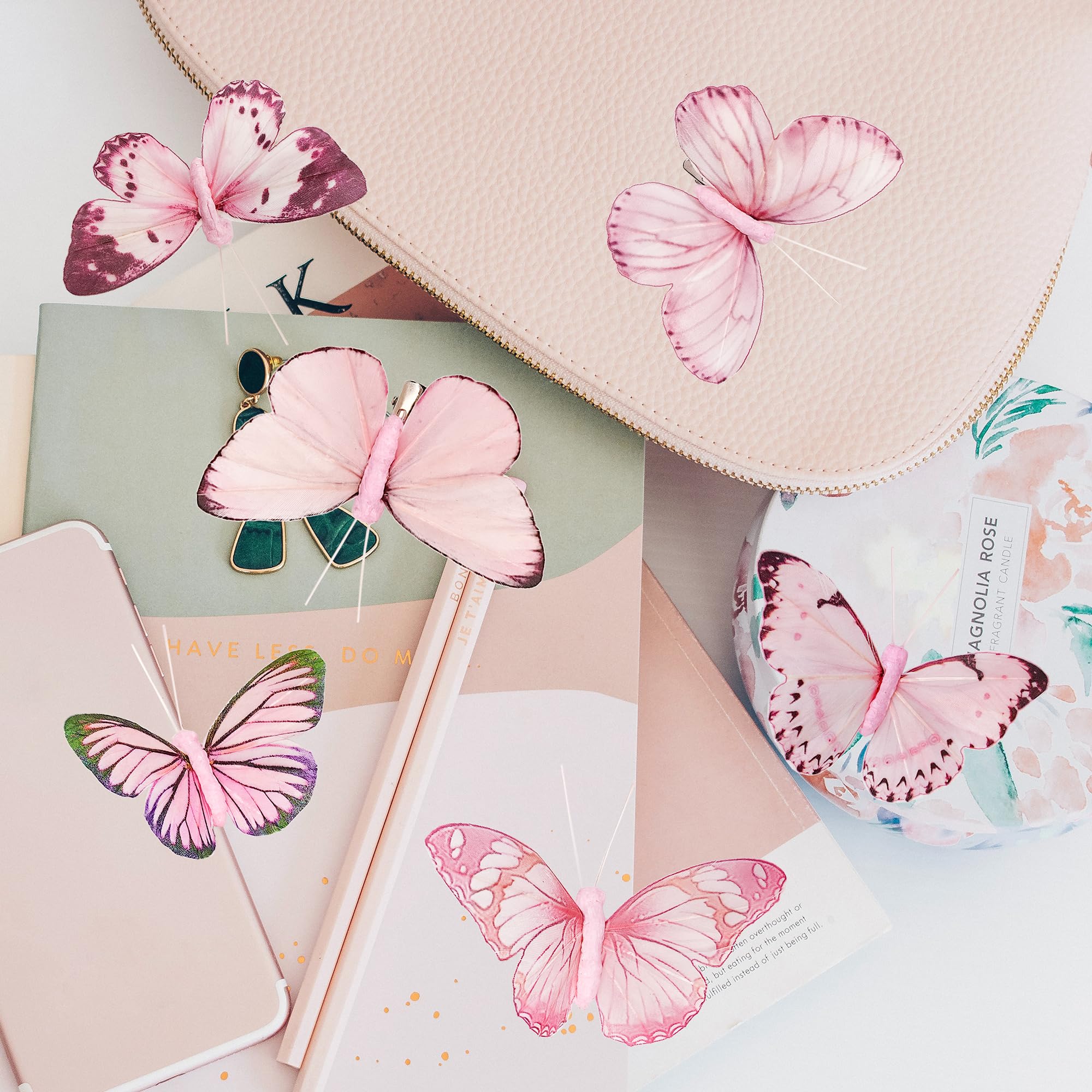 YCHTEWY-Feather Fake Butterfly for Craft Decoration Set of 12 with Clip Pink Wedding Home Flower Pot Christmas Party Spring Home Decor Floral - Image 2