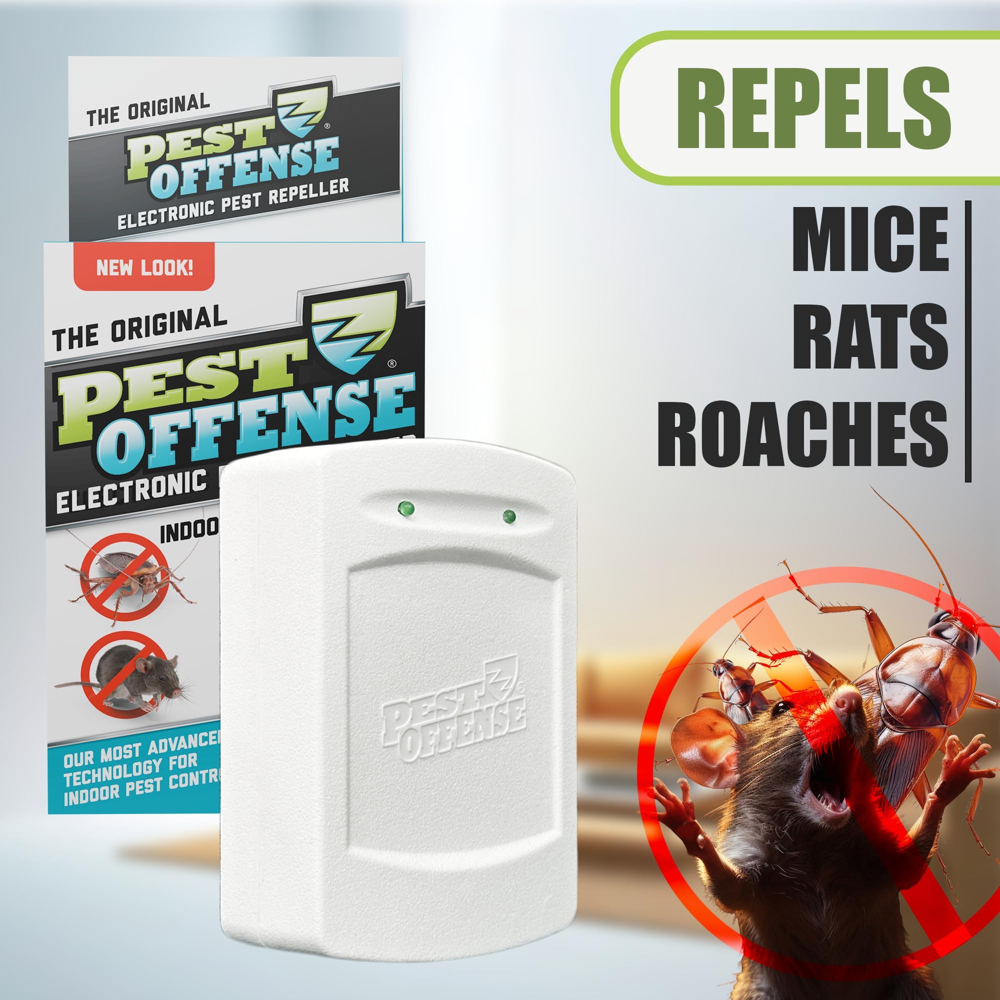 New Look PEST OFFENSE - Repelente electrónico de plagas para control de plagas de ratones, ratas, roedores, cucarachas para el hogar, oficina, negocios, garaje, almacén