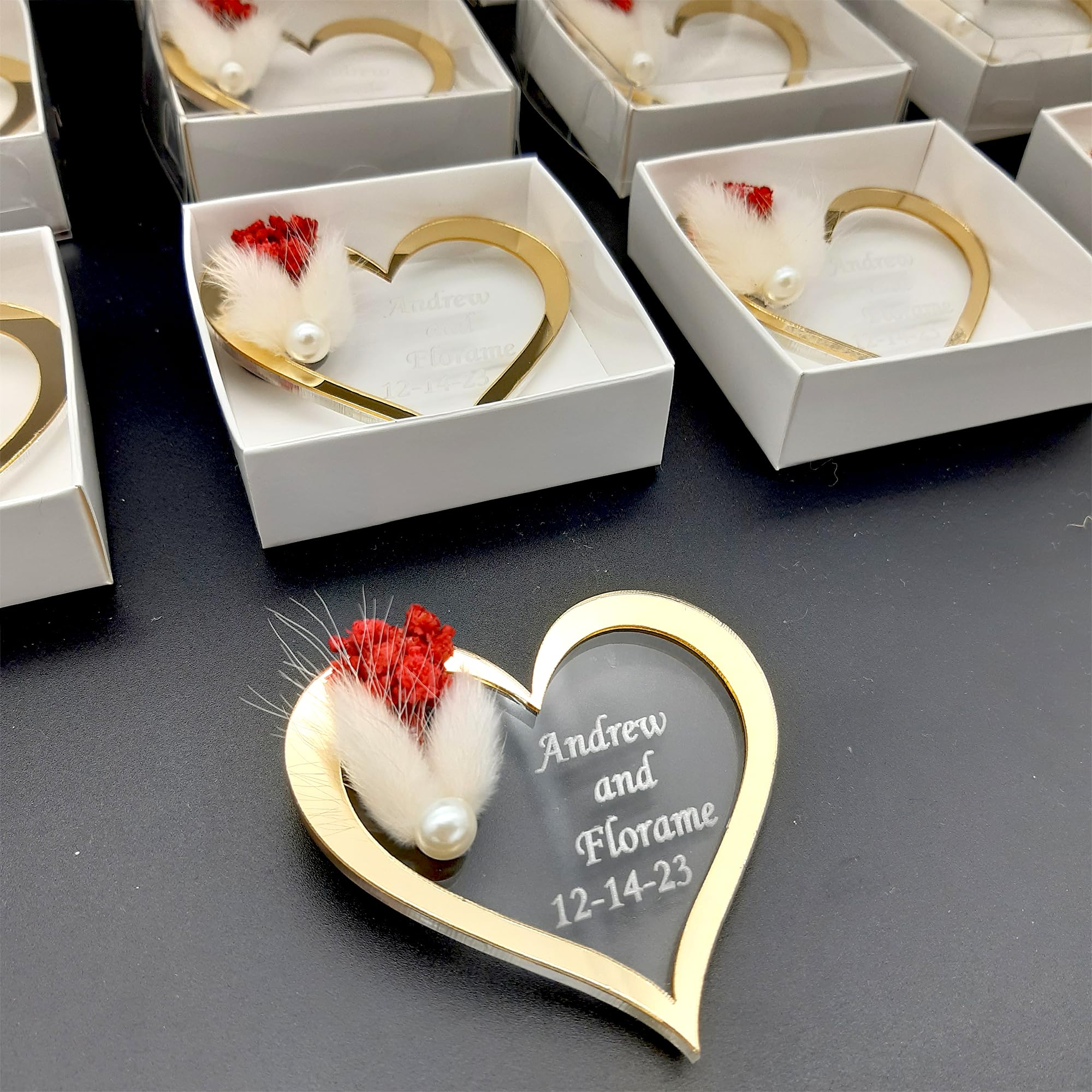 Bomboniere matrimonio, bomboniere battesimo,25 pezzi oro argento acrilico Magnete da Frigorifero comunione cresima compleanno (stile cuore oro, set da 25)
