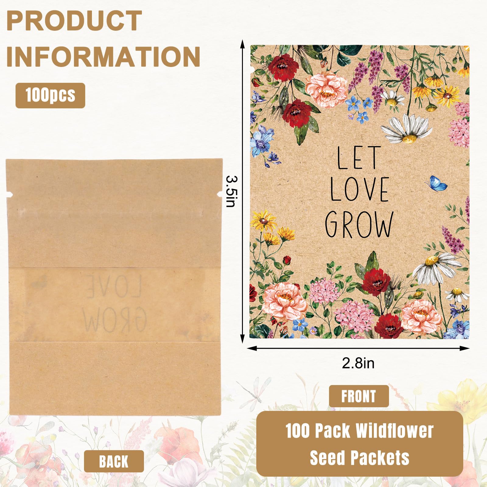 JarThenaAMCS 100 Stück Wildblumensamen-Münzumschläge, Kraftpapier, Druckverschlussbeutel mit Fenster, Vintage-Blumenmuster, wiederverschließbare Samenpakete für Blumen, Gemüse, Pflanzen, Samen