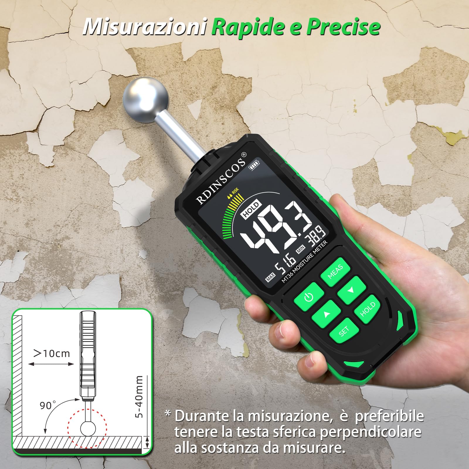 RDINSCOS Misuratore di Umidità del Legno, Igrometro Digitale Professionale Rilevatore di Umidità per Legni, Muri e Pavimenti Tester di umidità Tester (MT36)