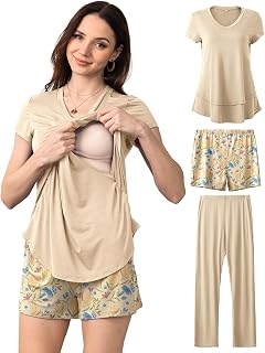 SUNNYBUY 3 PCS Maternity Breastfeeding Pajamas Set, Hidden Nursing Tops, Adjustable Pregnancy Shorts & Pants Postpartum PJS Price In India