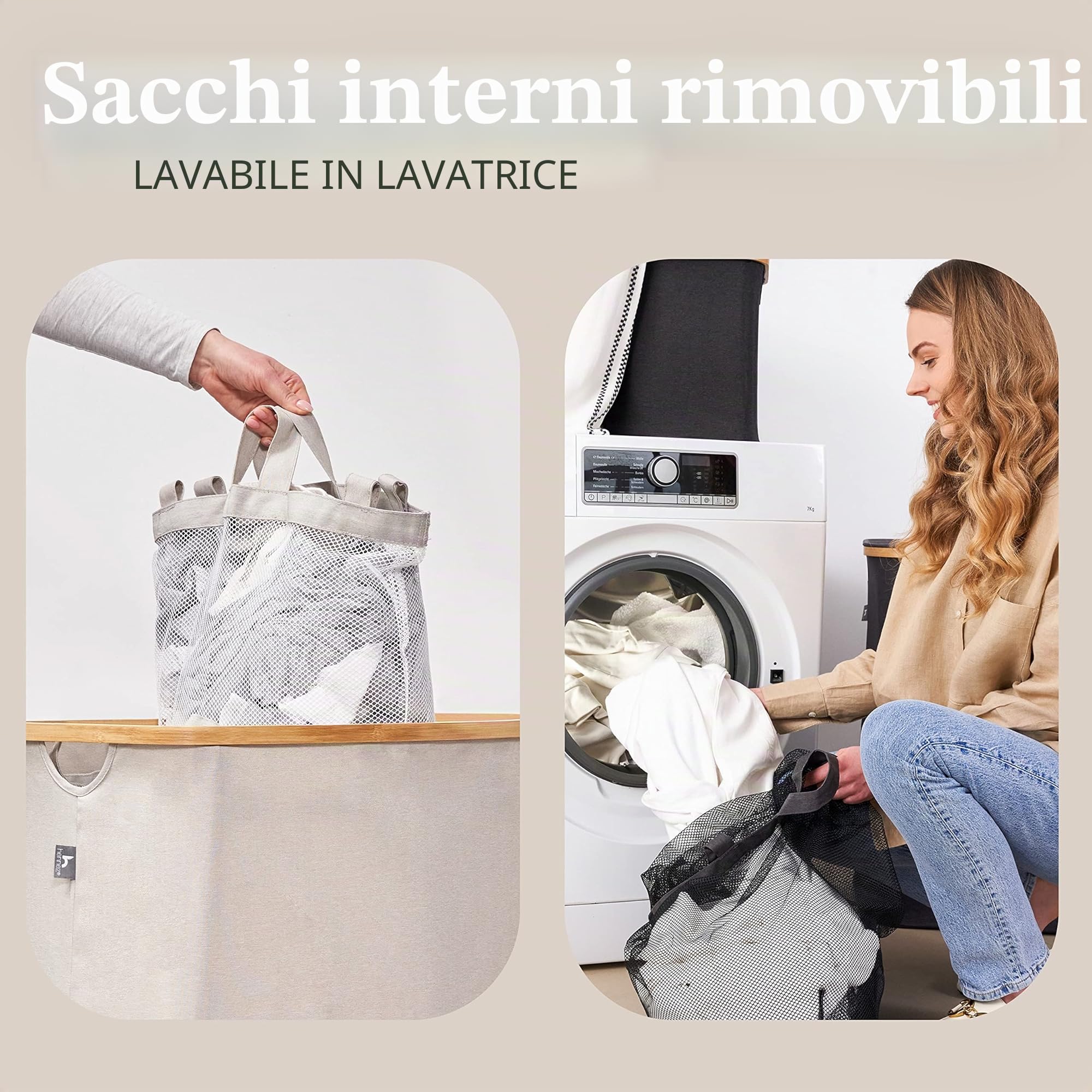 HENNEZ - Cesto Portabiancheria con Coperchio Grigio Chiaro/Beige 150L - 3 Scomparti - Cesta per Panni Sporchi in vimini - Cesta Porta Biancheria Sporca per Bagno - Cesto Portabiancheria Salvaspazi