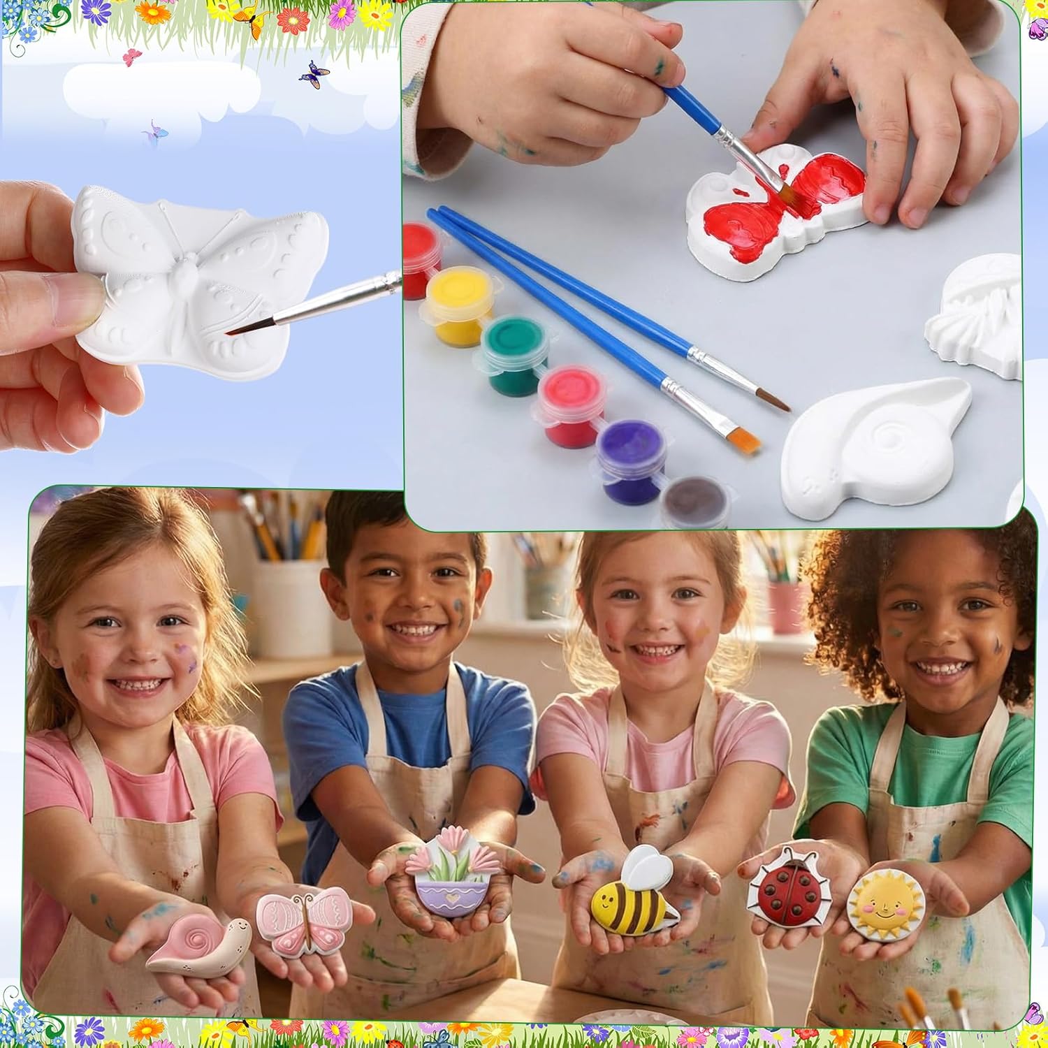 Foilswirl 24 Set Spring Ceramic to Paint DIY Painting Kit Paint Your Own Flowers Bee Snail Butterfly Sun Ladybug Crafts with Brushes Acrylic Bags for Spring Decor Party Favor Gifts