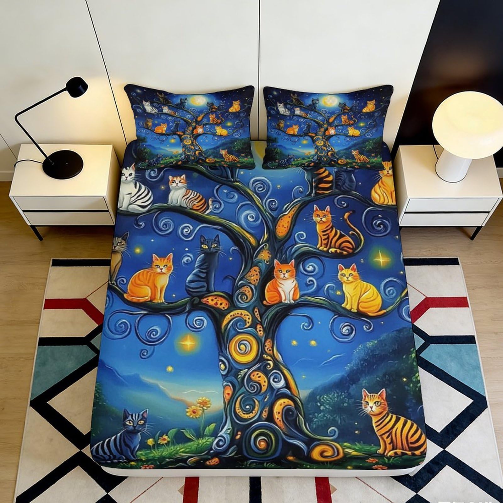 3D Printed Star Tree Cat Fitted Sheet Microfiber Deep Pocket Bedroom Bedding Cat Tree Mattress Fitted Cover Washable 120x200x25cm