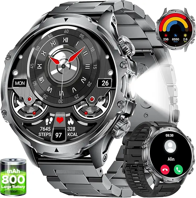 Smartwatch Herren 800 mAh Akku,1.85'' HD Großes Display/LED Taschenlampe Sportuhr Herren mit Telefonfunktion,110+ Sportmodi Fitnessuhr mit IP68 wasserdicht/Herzfrequenz/Schlafmonitor für Android iOS