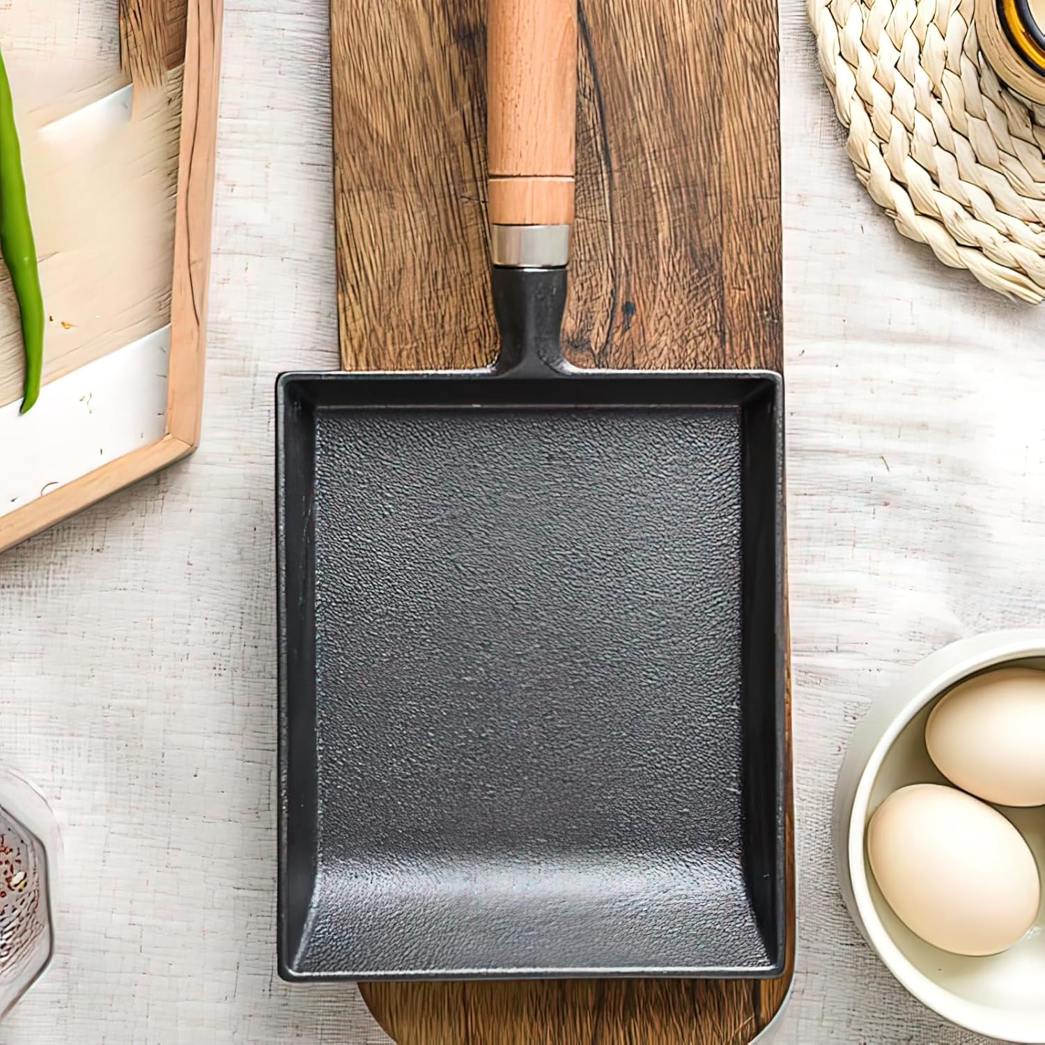 Pre-Seasoned Cast Iron Tamagoyaki Pan - 9x7 Inches Ideal for Japanese Egg Omelettes